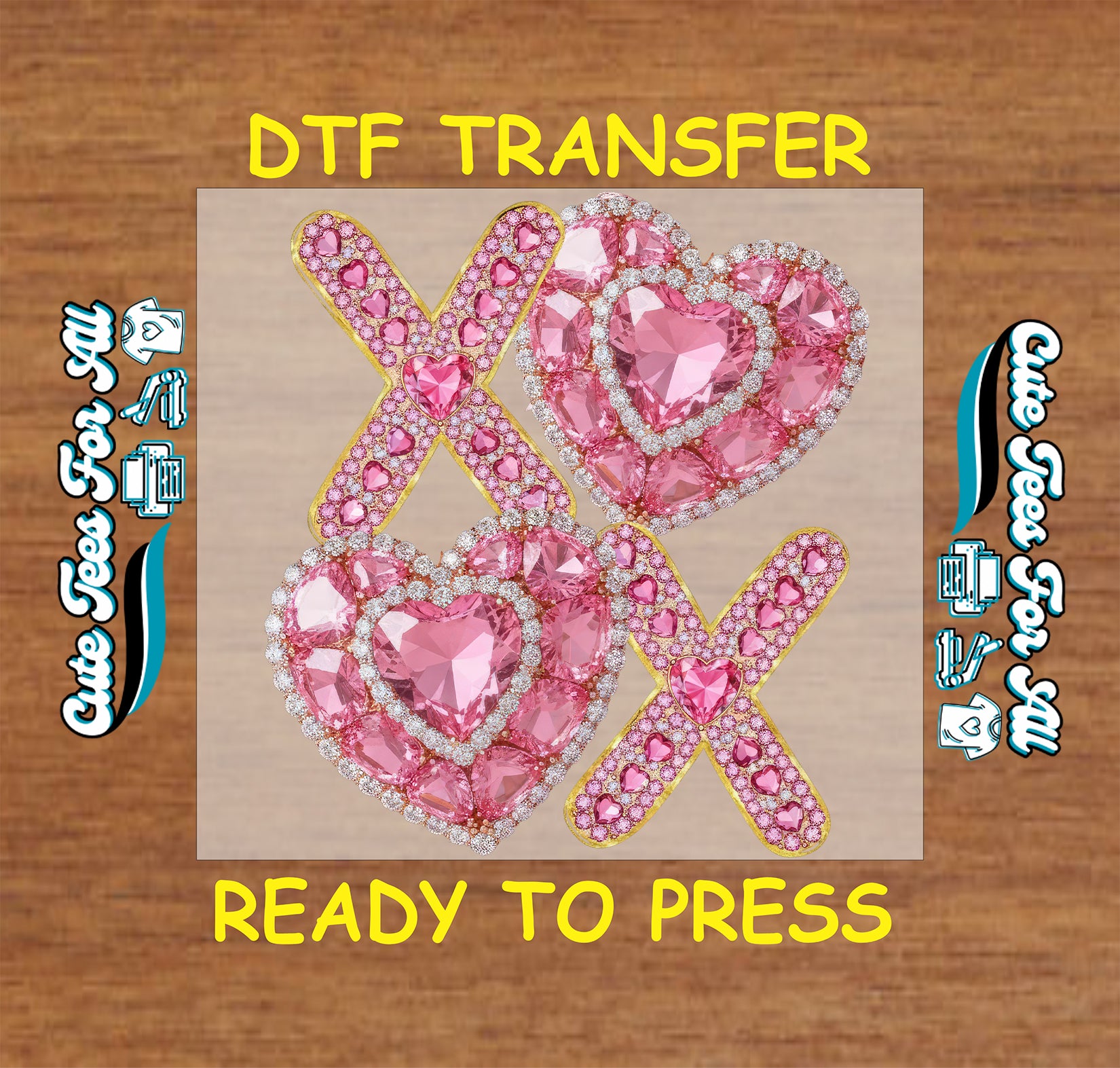 Jeweled XOXO pink heart letters with crystal sparkle ready to press dtf Valentine’s Day iron on heat transfer for DIY shirts