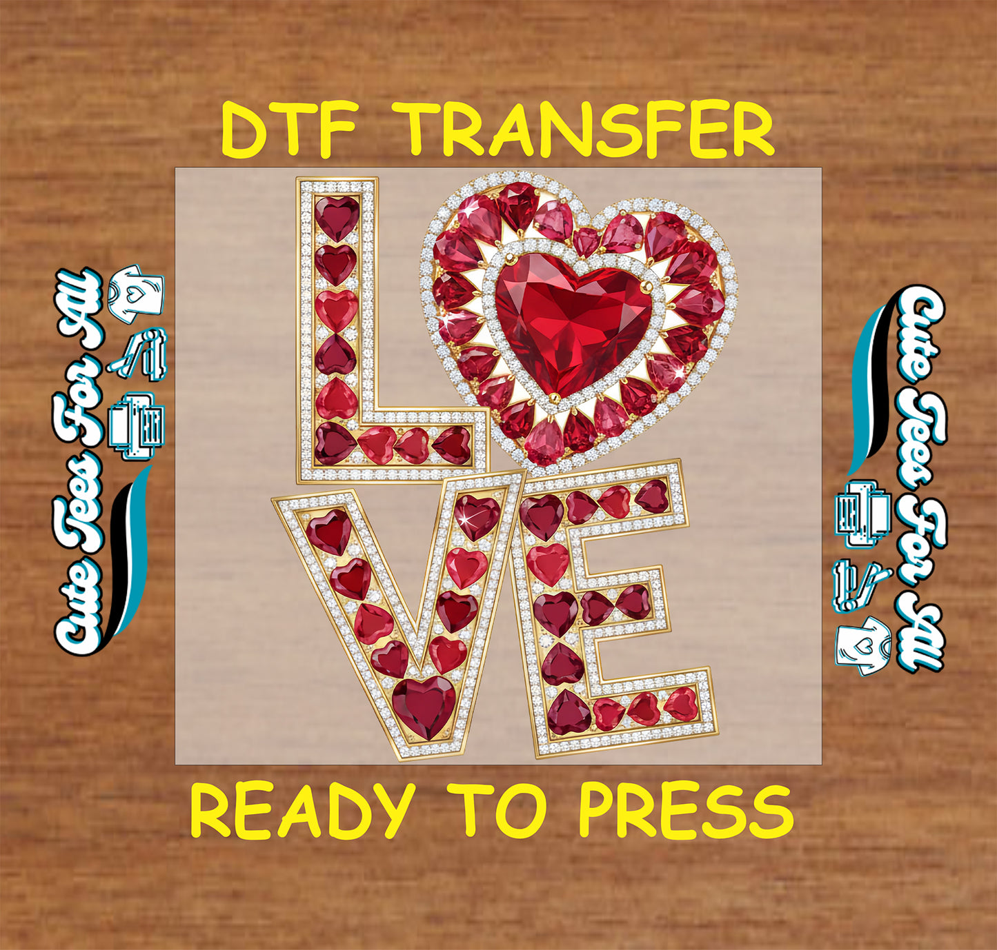 Jeweled LOVE heart letters with red gemstone hearts ready to press dtf Valentine’s Day iron on heat transfer for DIY shirts