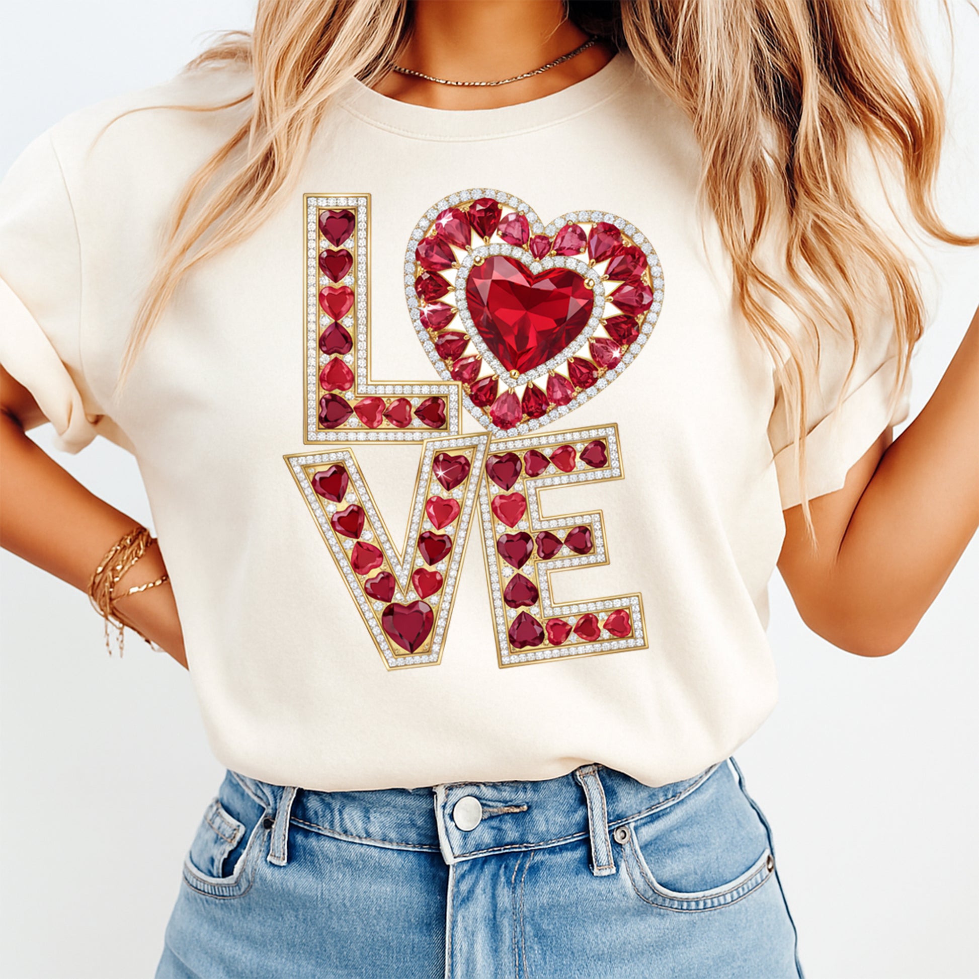 Person wearing a white t-shirt with a decorative 'LOVE' design featuring red hearts on a plain background.