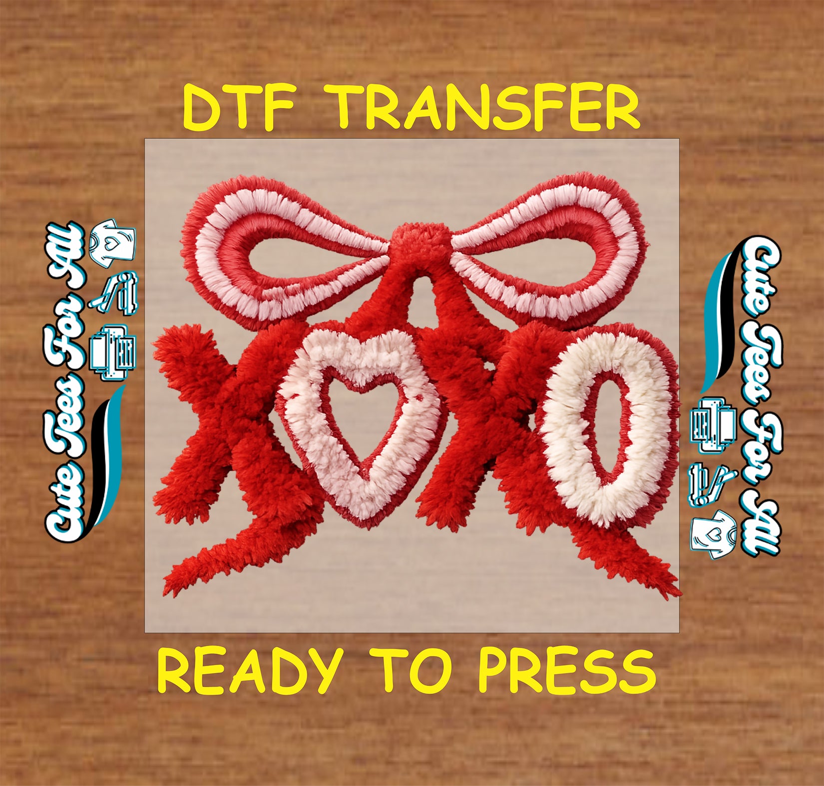 Chenille style XOXO with hearts and bow ready to press dtf Valentine’s Day iron on heat transfer for DIY shirts