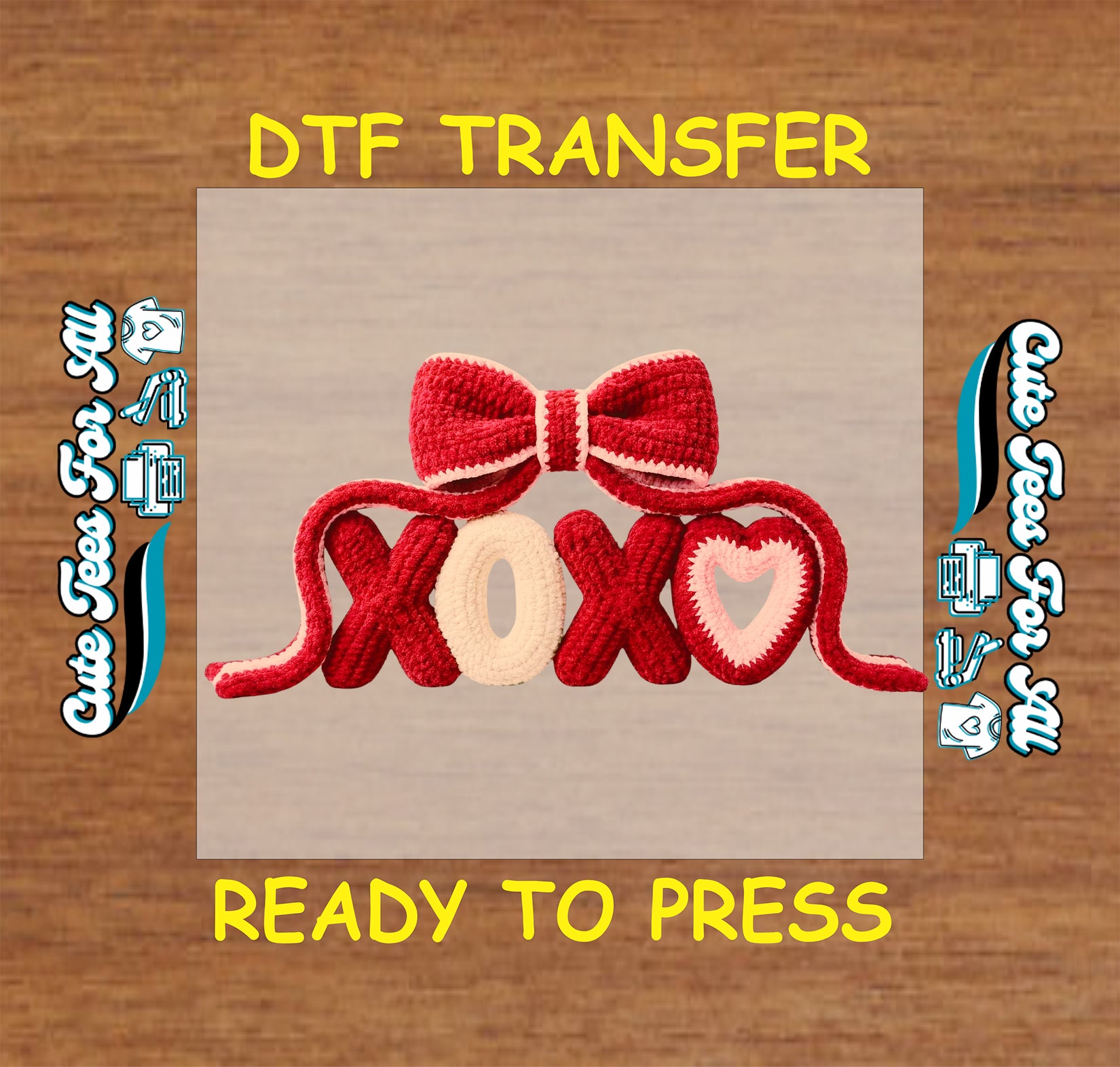 Crochet style XOXO with bow and heart details ready to press dtf Valentine’s Day iron on heat transfer for DIY shirts