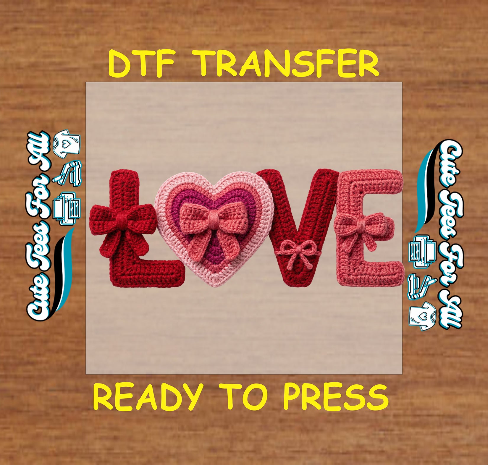 Crochet LOVE letters with heart and bow details ready to press dtf Valentine’s Day iron on heat transfer for DIY shirts