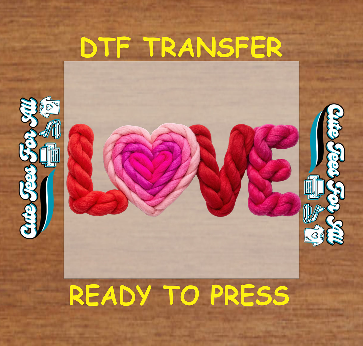 Braided yarn LOVE letters with pink heart center ready to press dtf Valentine’s Day iron on heat transfer for DIY shirts