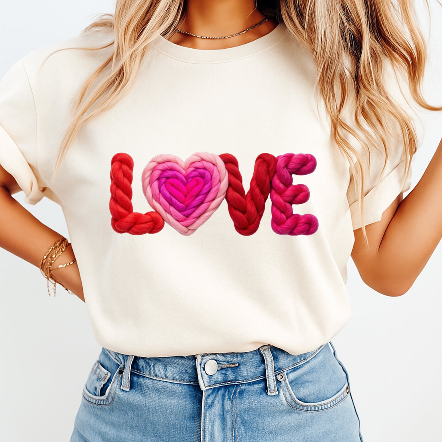 Valentine’s Day DTF Transfer – Braided Yarn LOVE Heart Ready to Press Iron On Heat Transfer DIY Valentine’s Day Shirts 12702