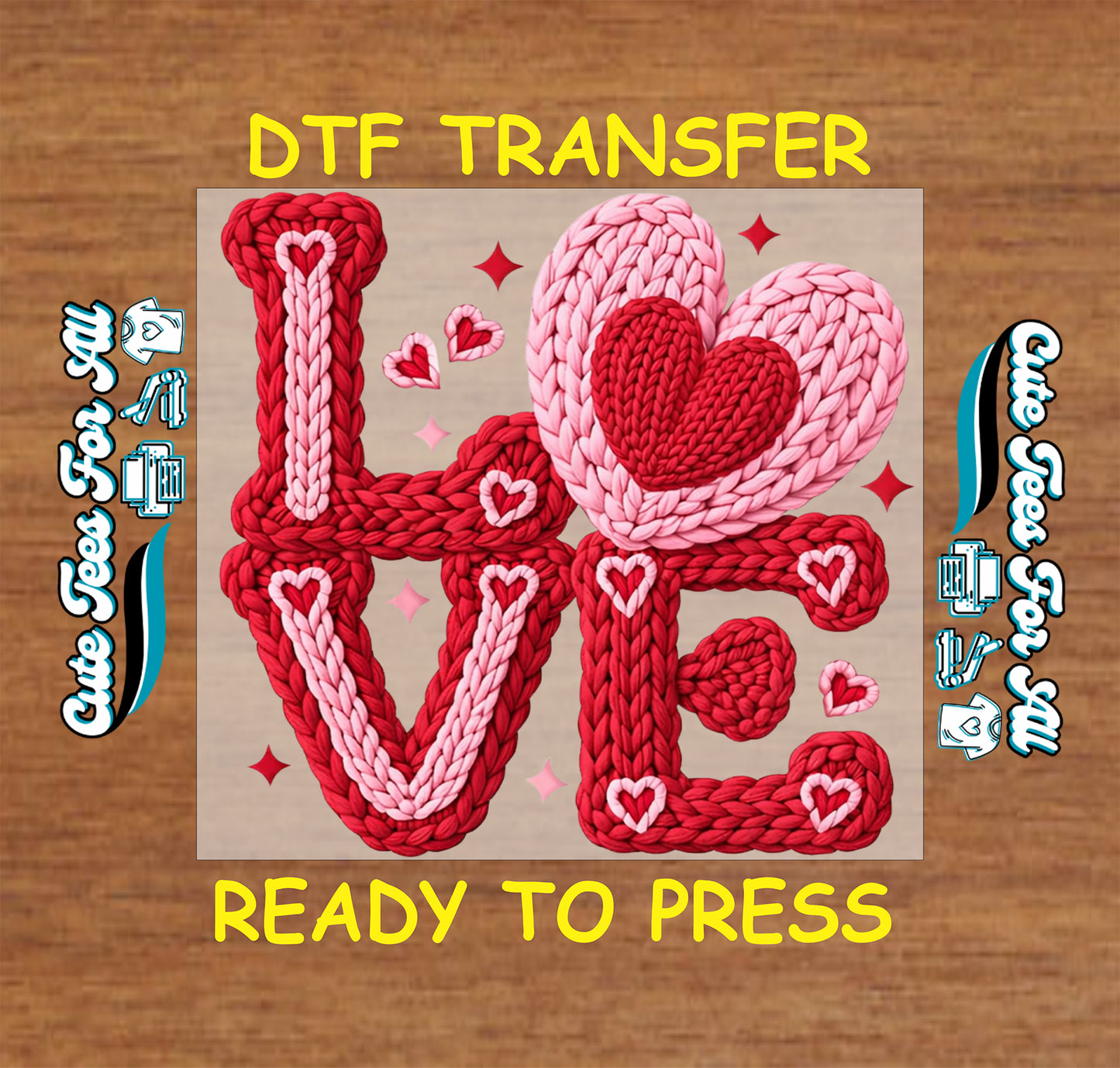 Knit style LOVE letters with layered heart details ready to press dtf Valentine’s Day iron on heat transfer for DIY shirts