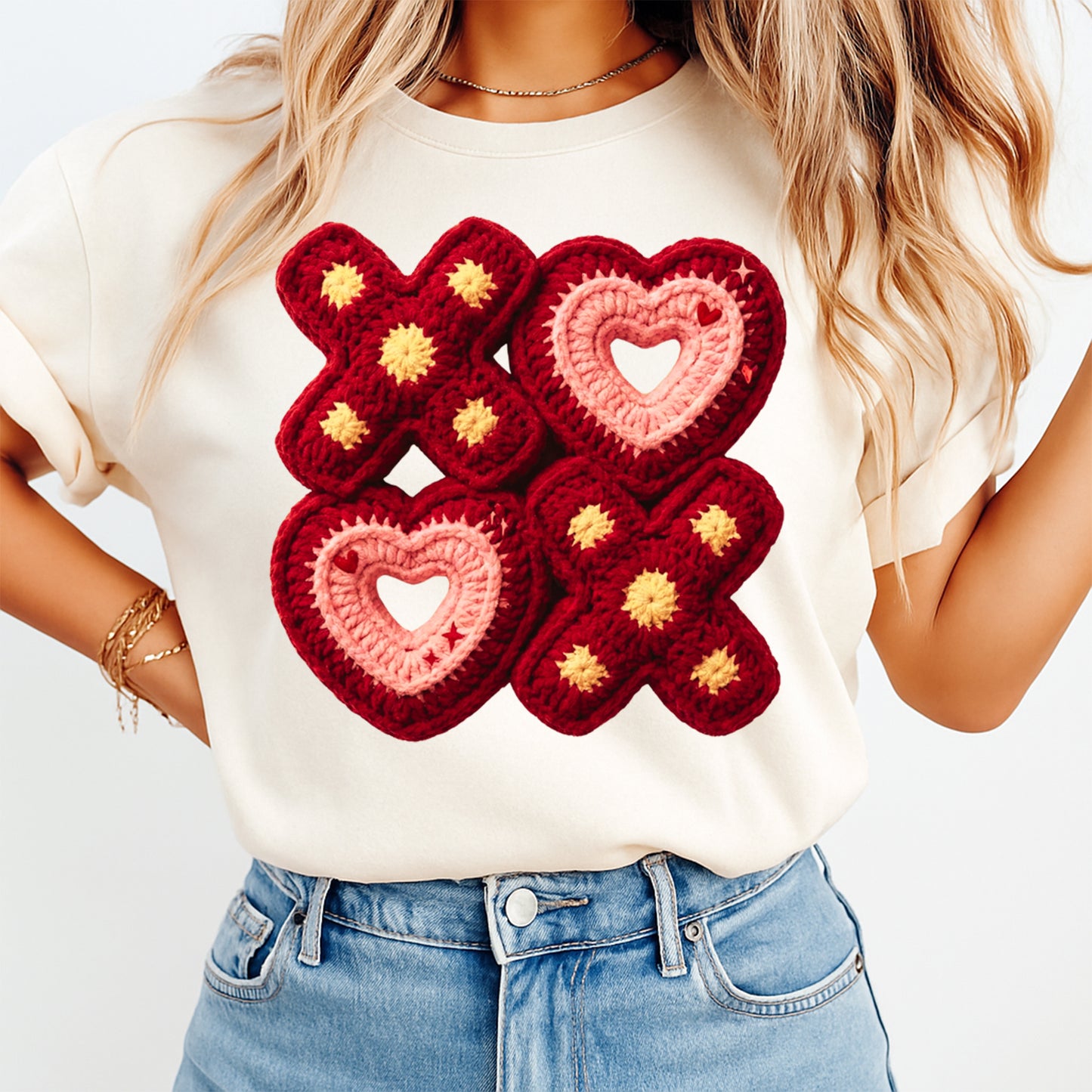 Valentine DTF Transfer – Crochet XO Heart Letters Ready to Press Iron On Heat Transfer DIY Valentine Shirts 12706