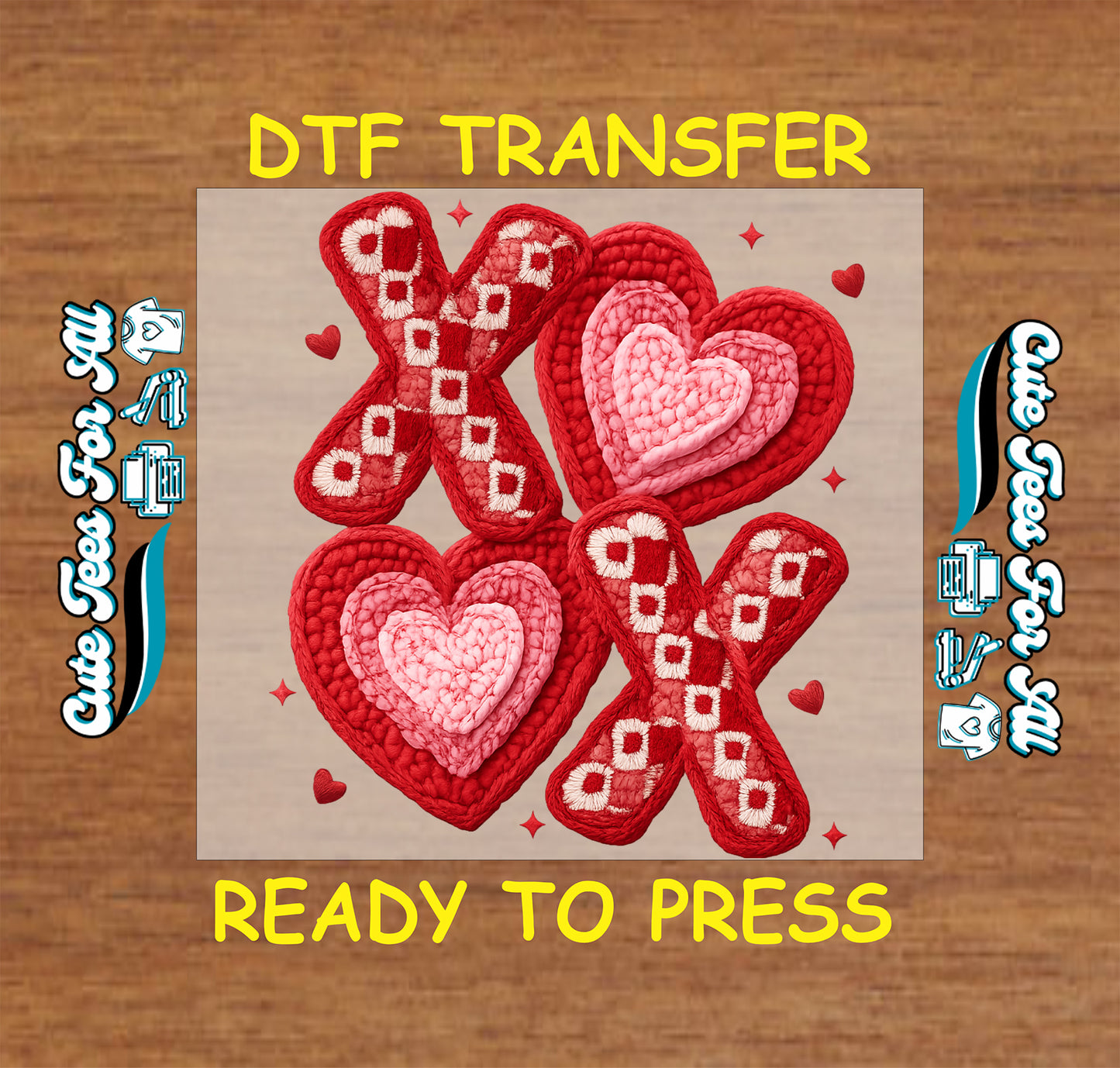 Valentine xoxo hearts ready to press dtf iron on heat transfer with crocheted heart texture for diy valentine shirts
