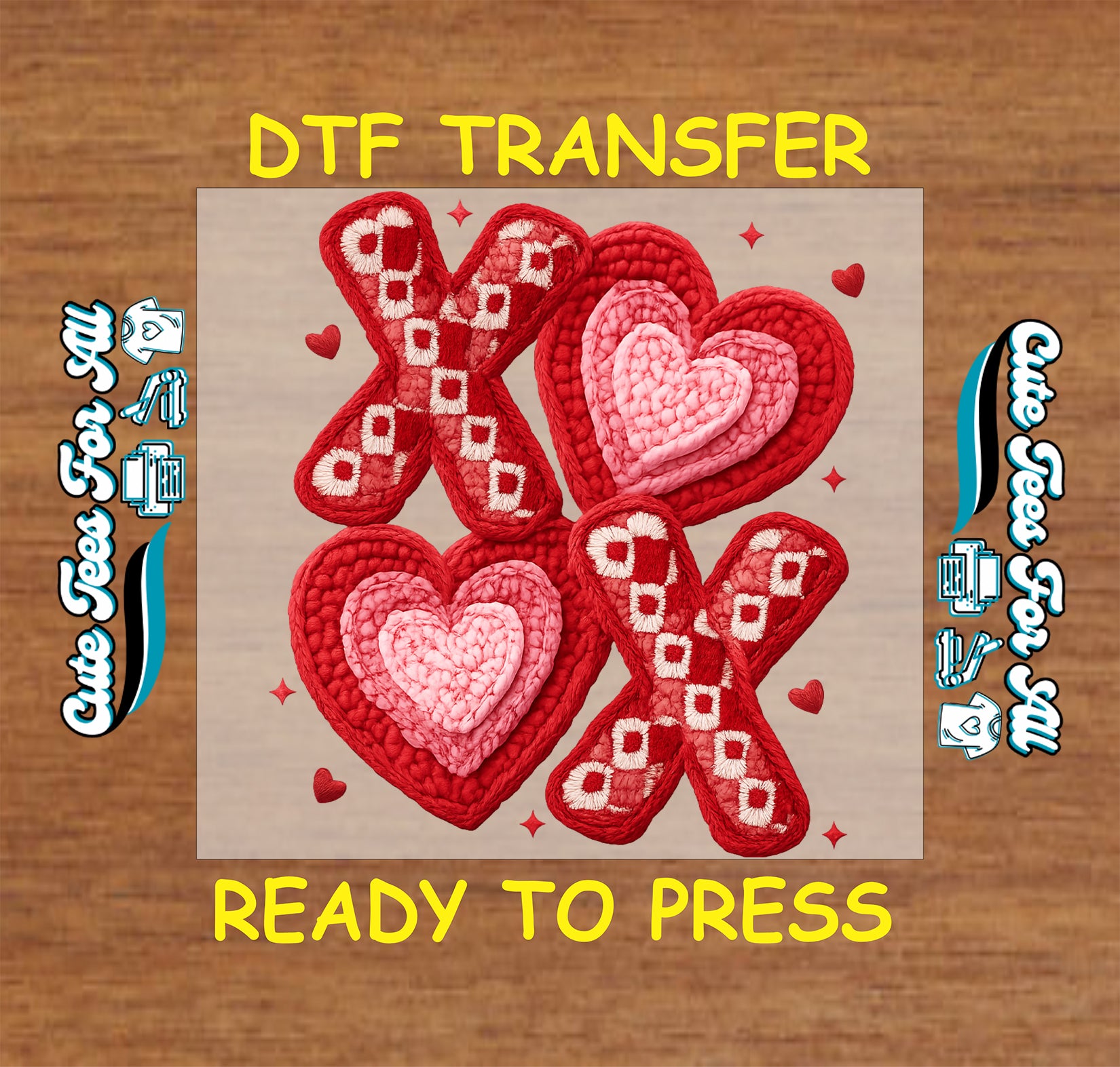 Valentine xoxo hearts ready to press dtf iron on heat transfer with crocheted heart texture for diy valentine shirts