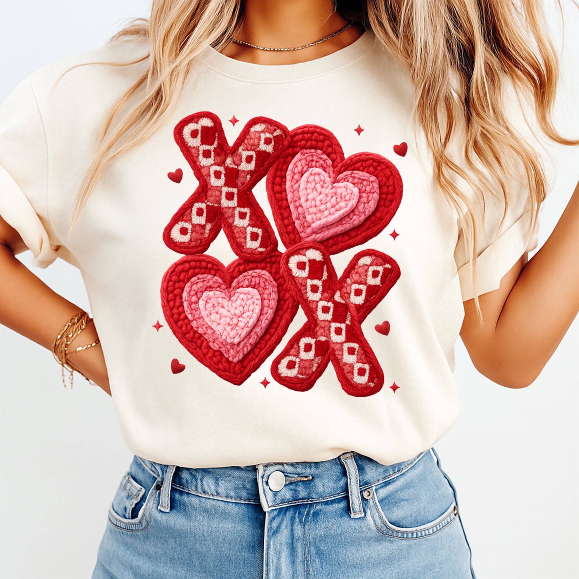 women wearing white t shirt Valentine xoxo hearts ready to press dtf iron on heat transfer with crocheted heart texture for diy valentine shirts 