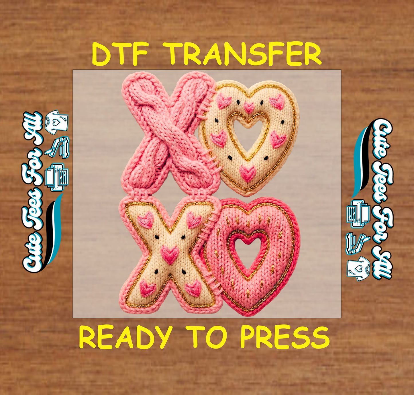 valentine xoxo ready to press dtf iron on heat transfer with knitted heart texture for diy valentine shirts