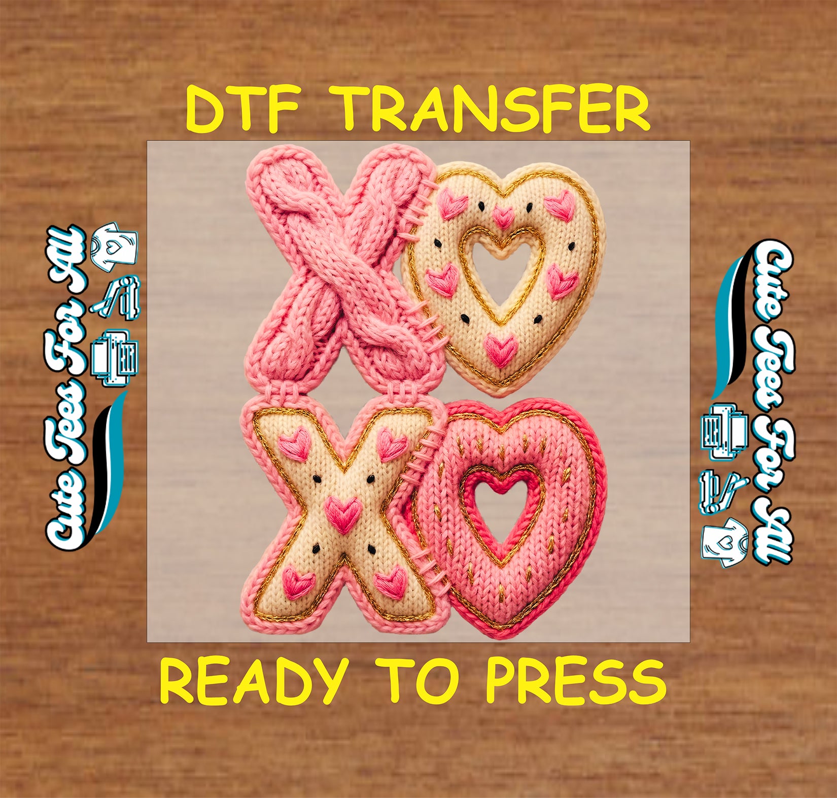 valentine xoxo ready to press dtf iron on heat transfer with knitted heart texture for diy valentine shirts