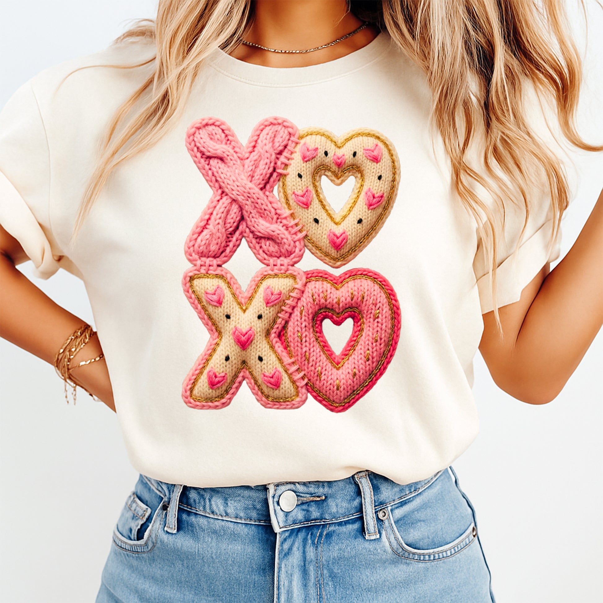 women wearing a white t shirt with valentine xoxo ready to press dtf iron on heat transfer with knitted heart texture for diy valentine shirts