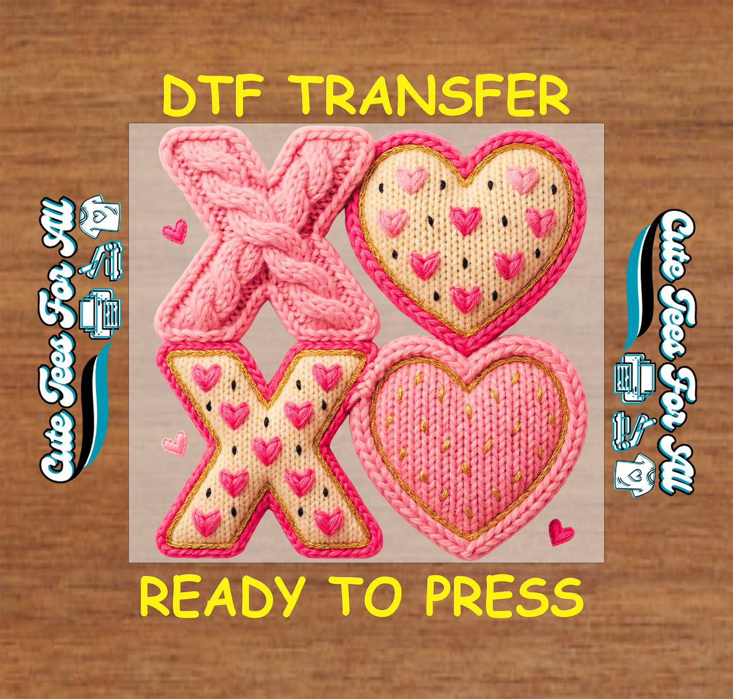 valentine xoxo ready to press dtf iron on heat transfer with knitted pink hearts texture for diy valentine shirts