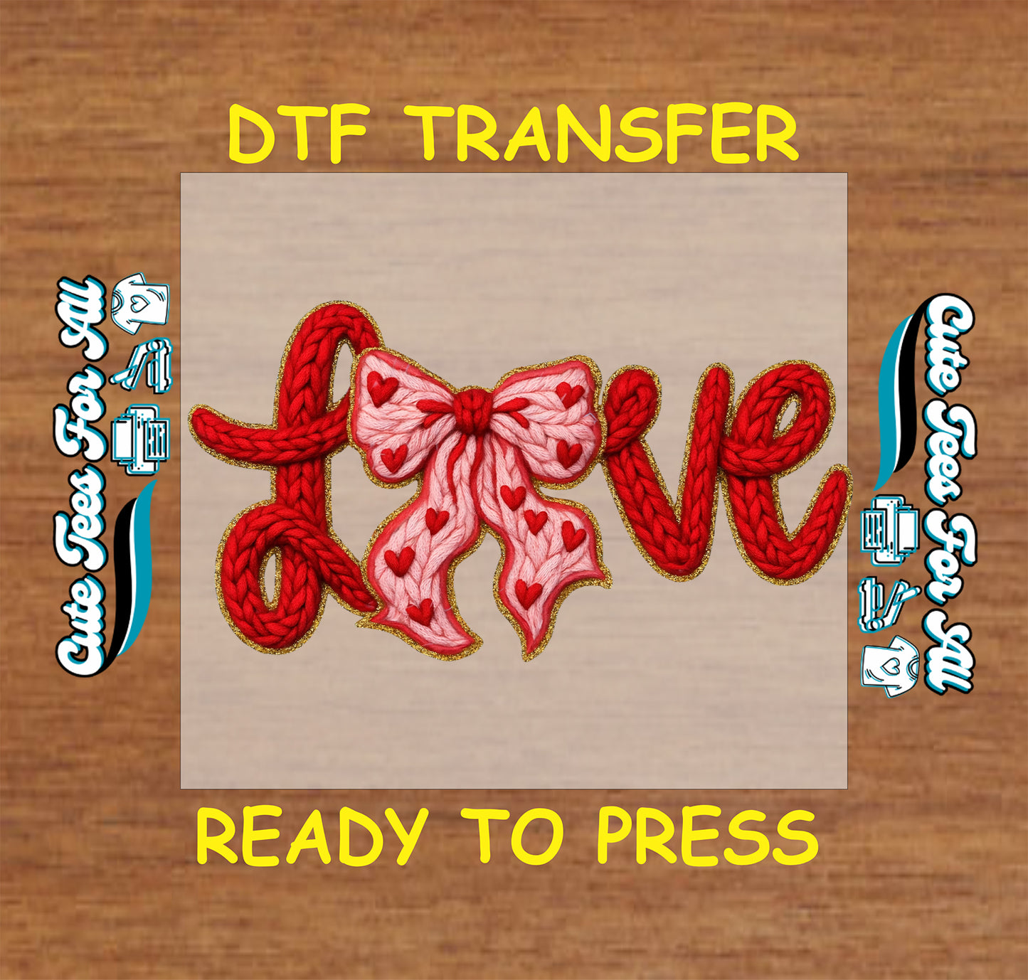 Knit style Love word with pink heart bow in red yarn lettering, ready to press dtf iron on heat transfer for DIY Valentine shirts