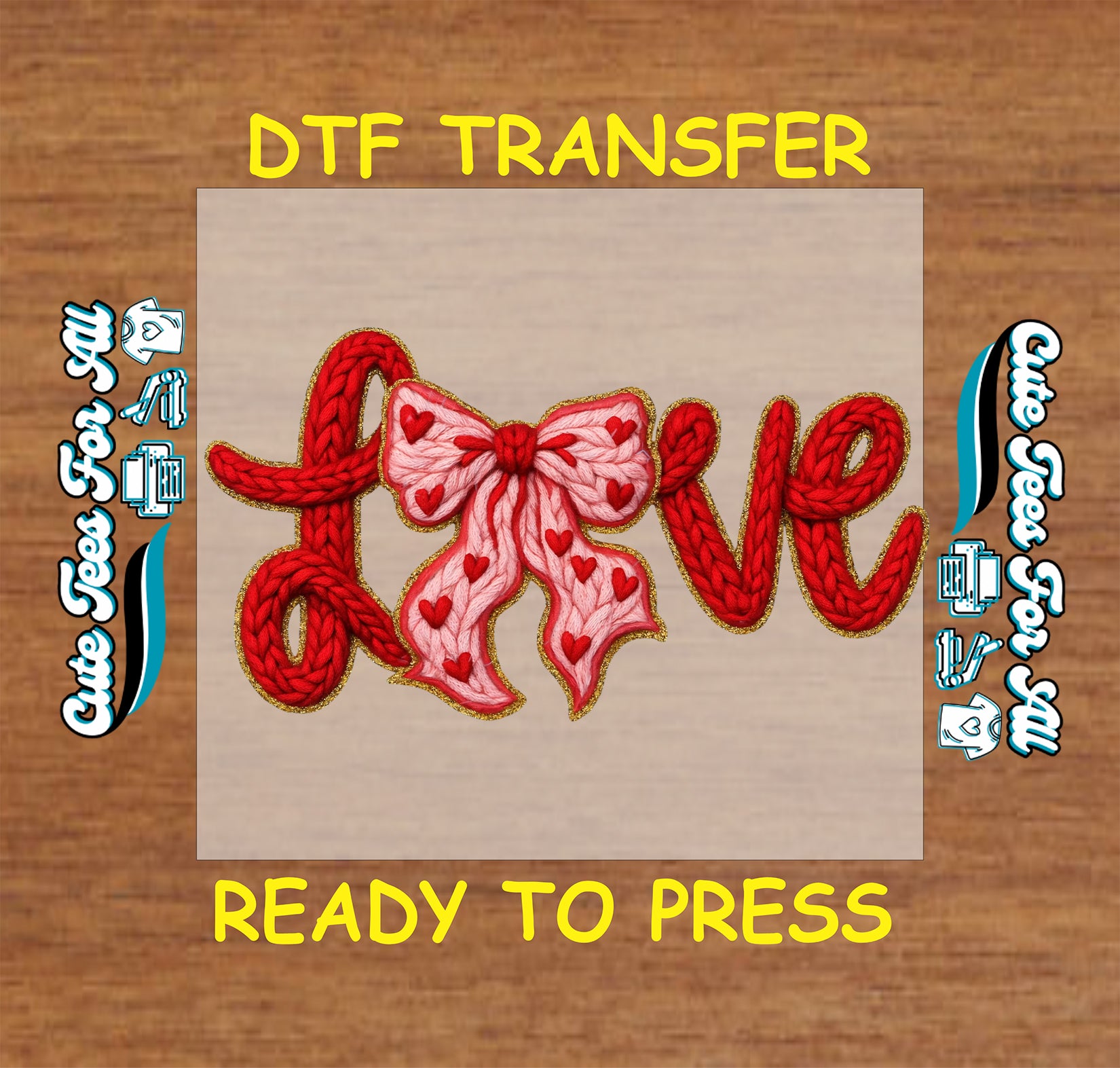 Knit style Love word with pink heart bow in red yarn lettering, ready to press dtf iron on heat transfer for DIY Valentine shirts