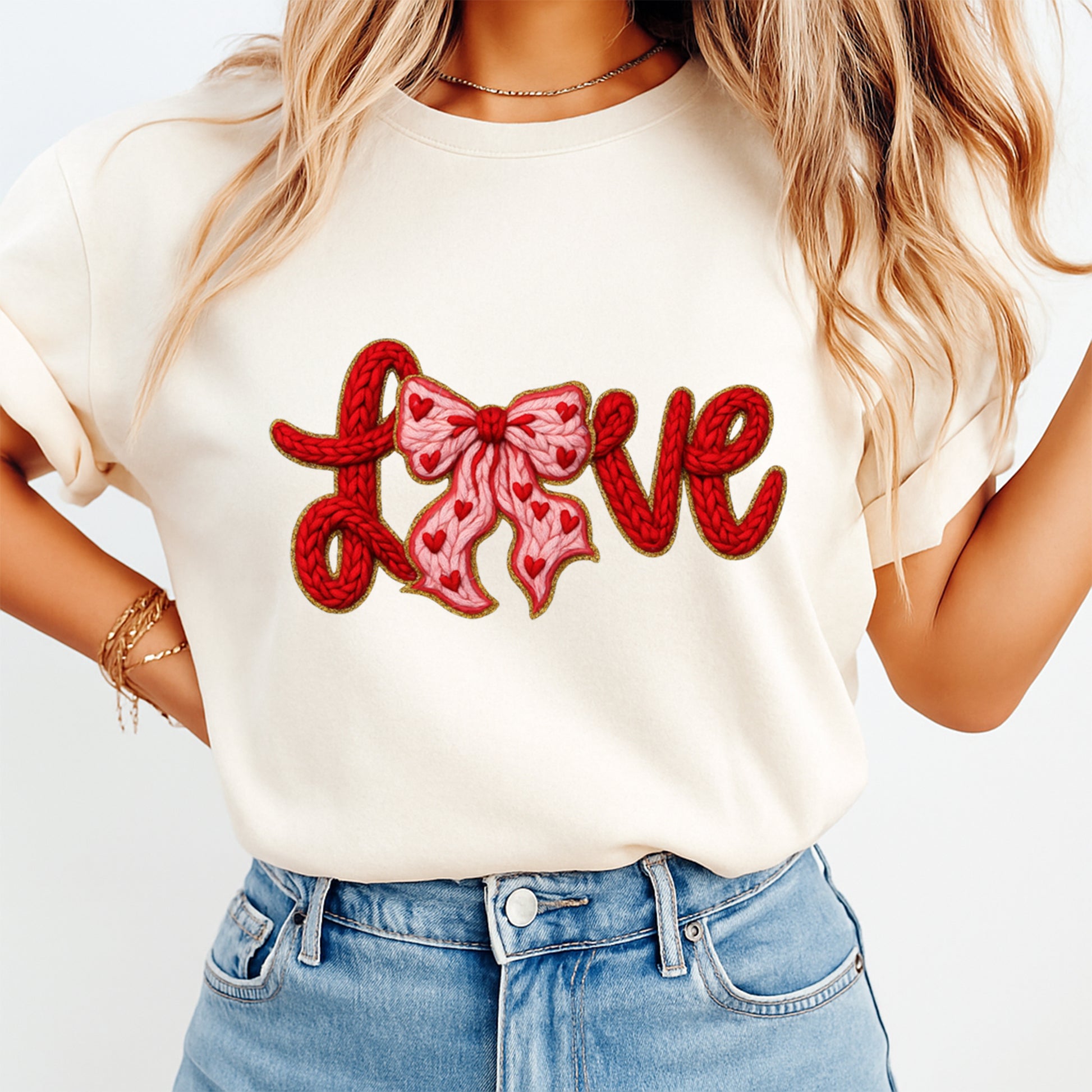 women wearing t shirt with Knit style Love word with pink heart bow in red yarn lettering, ready to press dtf iron on heat transfer for DIY Valentine shirts