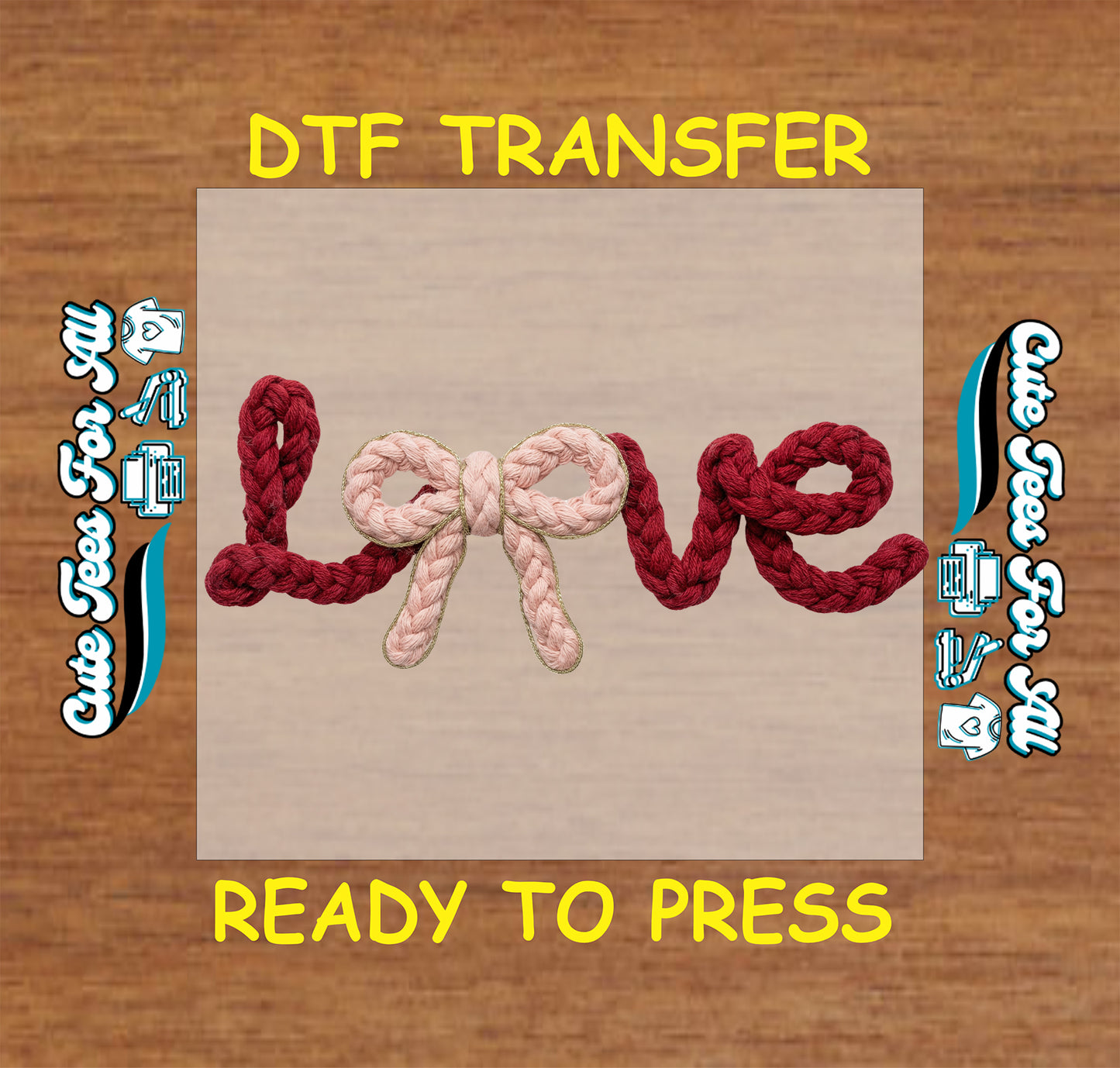 Knit rope style Love lettering with blush bow detail, ready to press dtf iron on heat transfer for DIY Valentine apparel