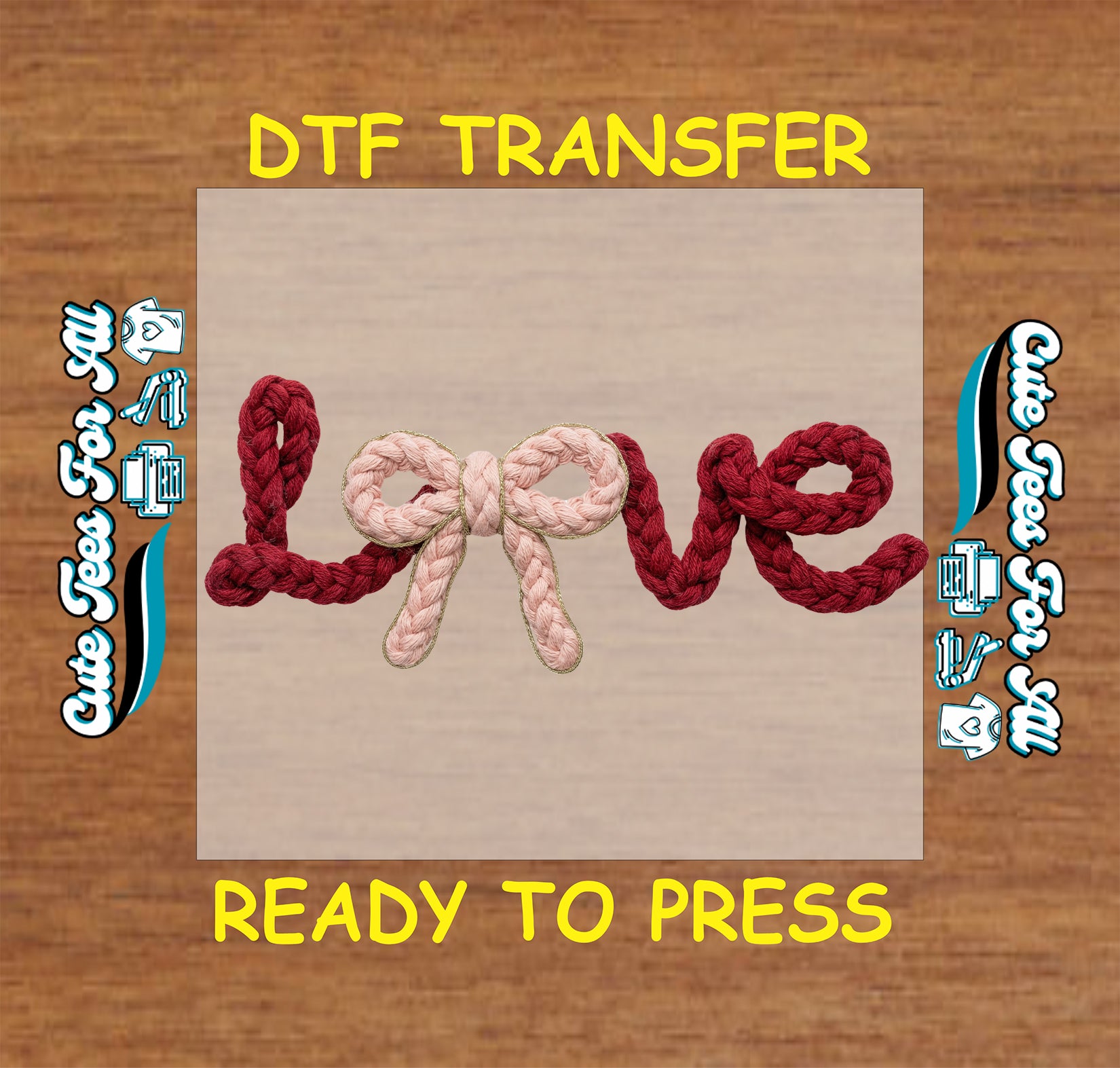 Knit rope style Love lettering with blush bow detail, ready to press dtf iron on heat transfer for DIY Valentine apparel