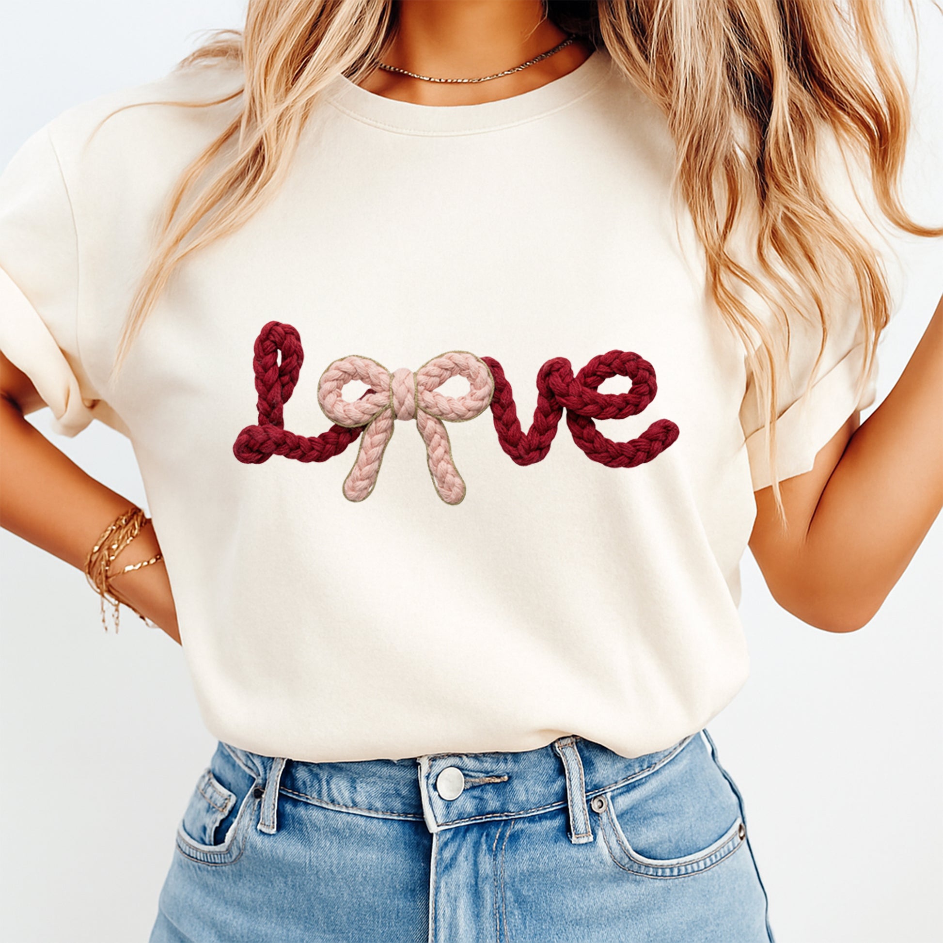 women wearing tshirt with Knit rope style Love lettering with blush bow detail, ready to press dtf iron on heat transfer for DIY Valentine apparel