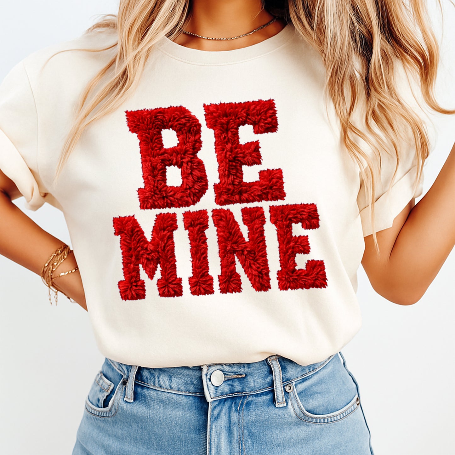 women wearing white t shirt with Be Mine phrase in fluffy red chenille-style letters, ready to press dtf iron on heat transfer for DIY shirts