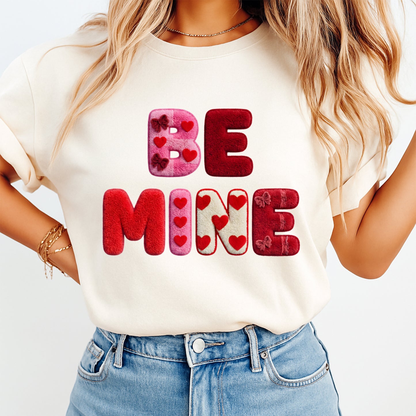 women wearing t shirt with Be Mine lettering with red and pink hearts in fuzzy chenille style, ready to press dtf iron on heat transfer for DIY shirts