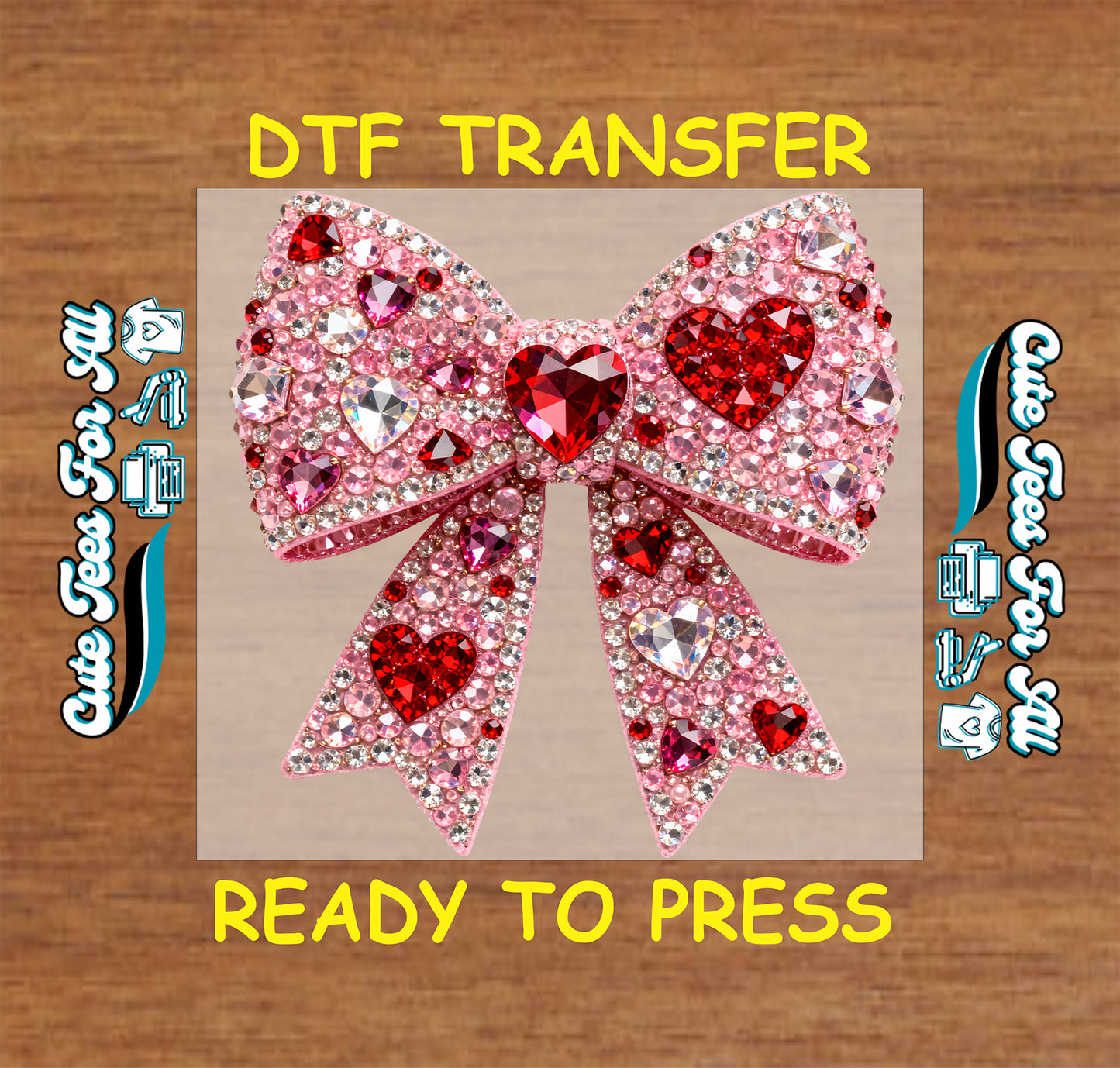 Pink rhinestone heart bow graphic with crystal gem details, ready to press dtf iron on heat transfer for DIY Valentine shirts