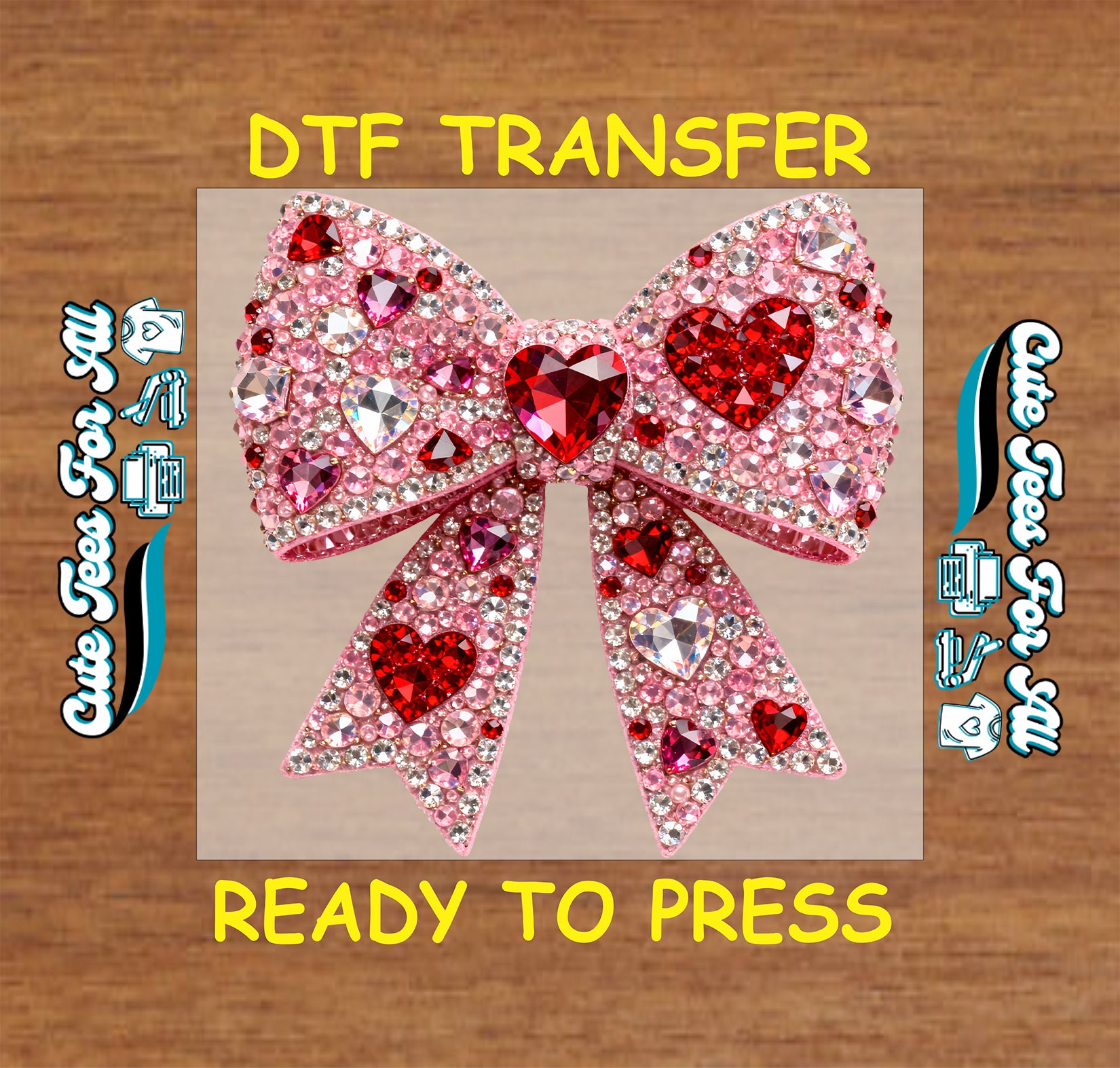 Pink rhinestone heart bow graphic with crystal gem details, ready to press dtf iron on heat transfer for DIY Valentine shirts
