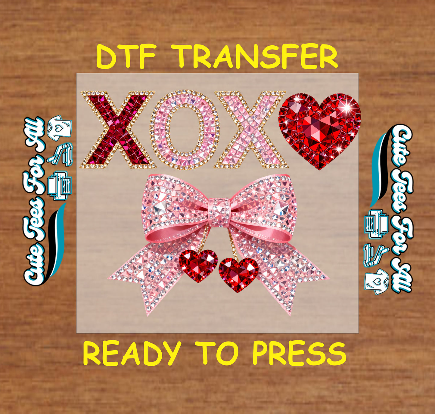 XOXO rhinestone lettering with pink crystal bow and red heart accents, ready to press dtf iron on heat transfer for DIY Valentine shirts