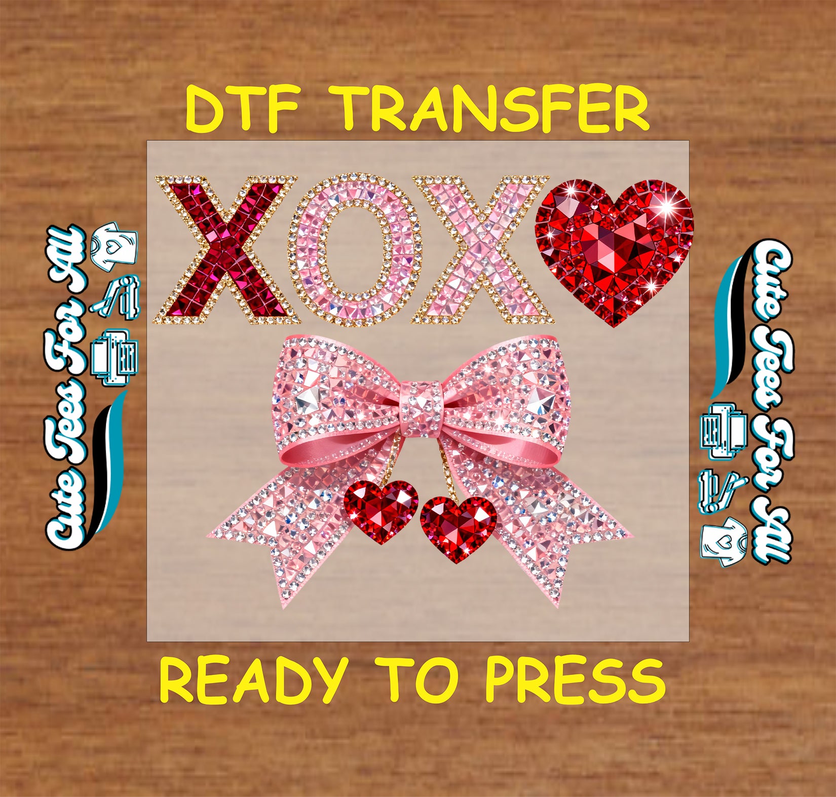 XOXO rhinestone lettering with pink crystal bow and red heart accents, ready to press dtf iron on heat transfer for DIY Valentine shirts