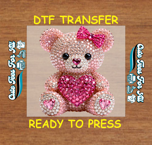 Rhinestone teddy bear holding a heart with pink crystal details, ready to press dtf iron on heat transfer for DIY Valentine shirts