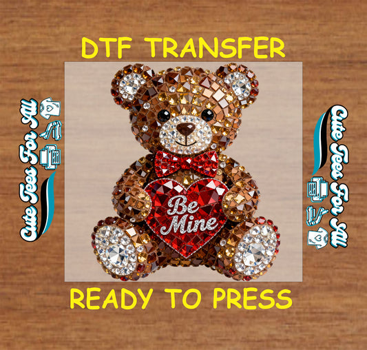 Rhinestone teddy bear holding red heart with Be Mine text, ready to press dtf iron on heat transfer for DIY Valentine shirts