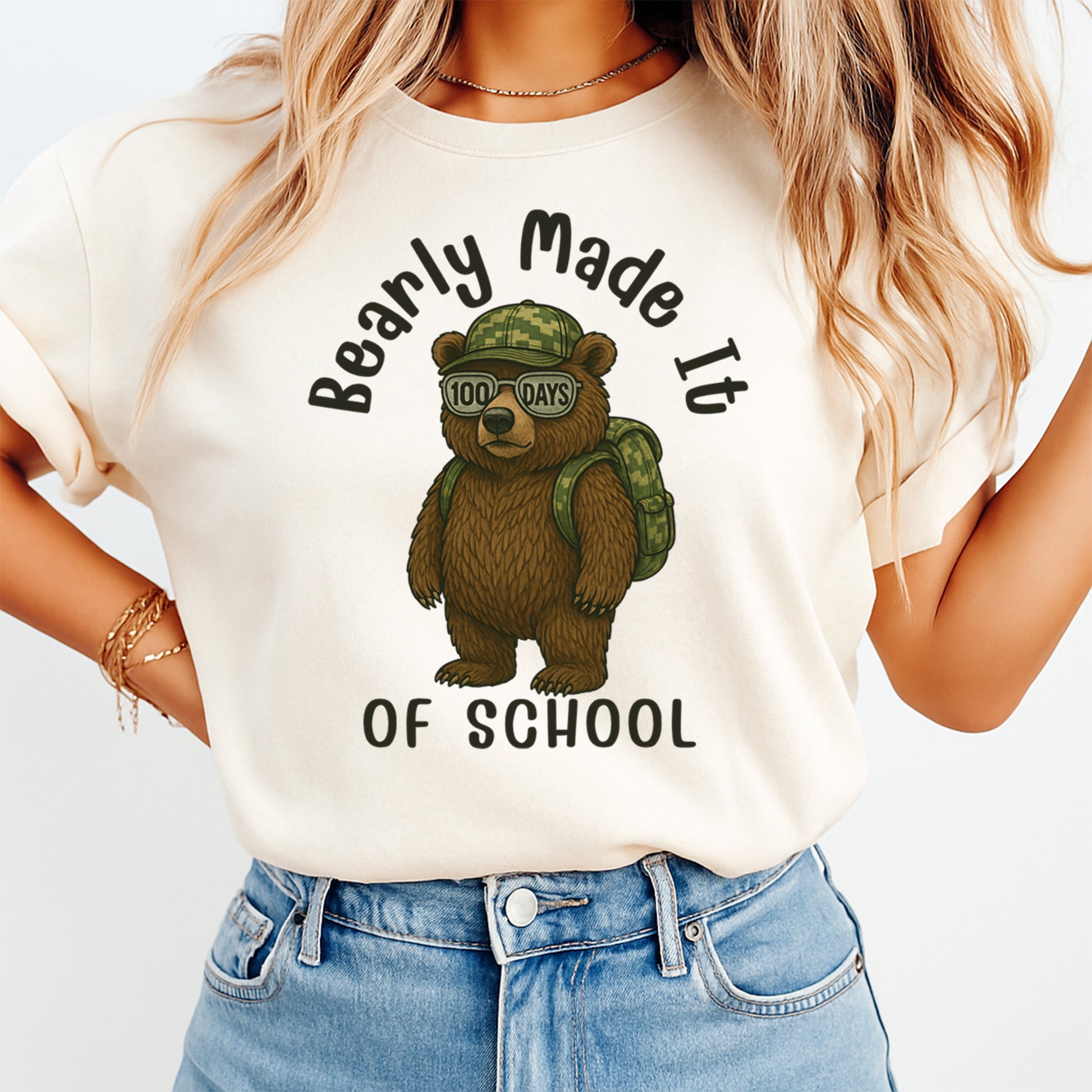women wearing t shirt with Bearly Made It 100 days of school bear wearing backpack and glasses