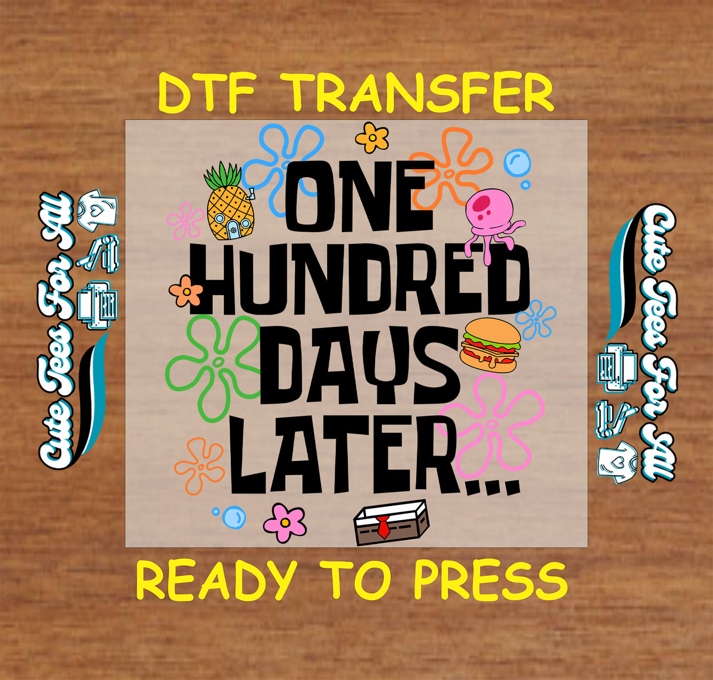 100 days of school themed lettering with colorful cartoon icons, ready to press dtf iron on heat transfer for DIY school shirts