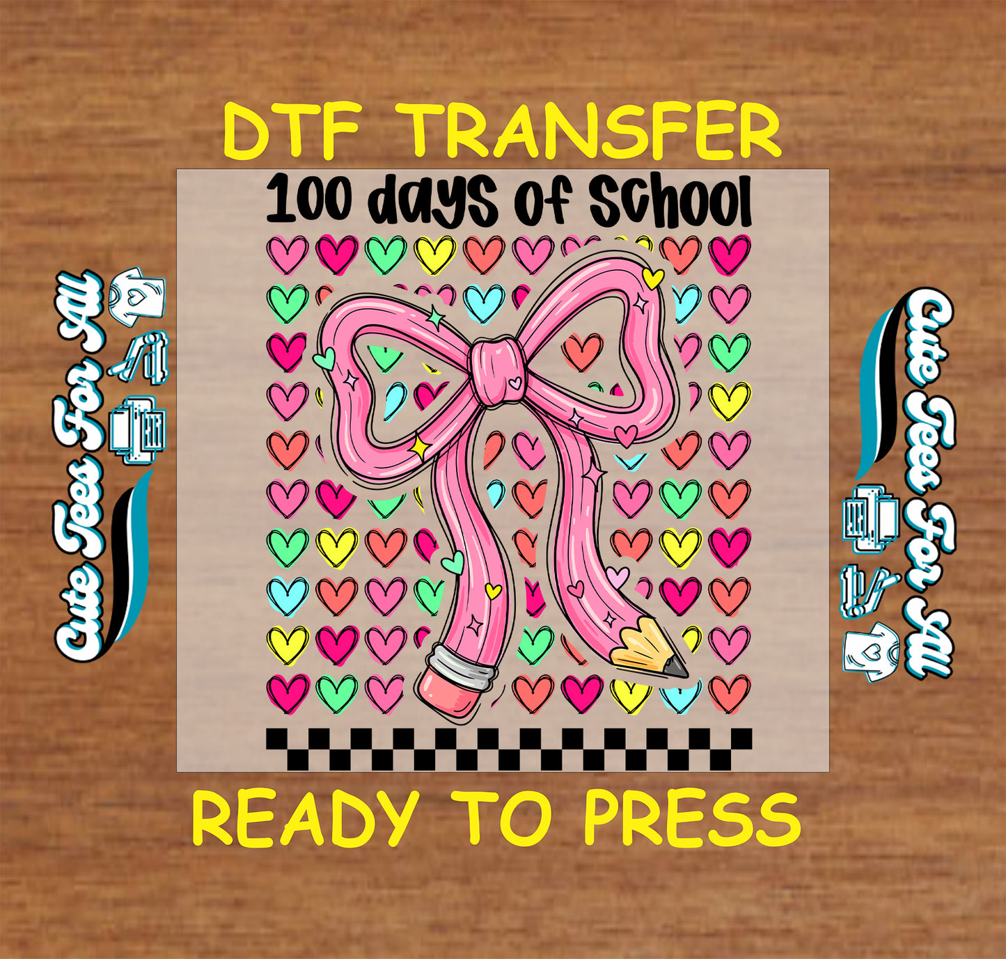100 days of school pencil bow with colorful hearts, ready to press dtf iron on heat transfer for DIY school shirts