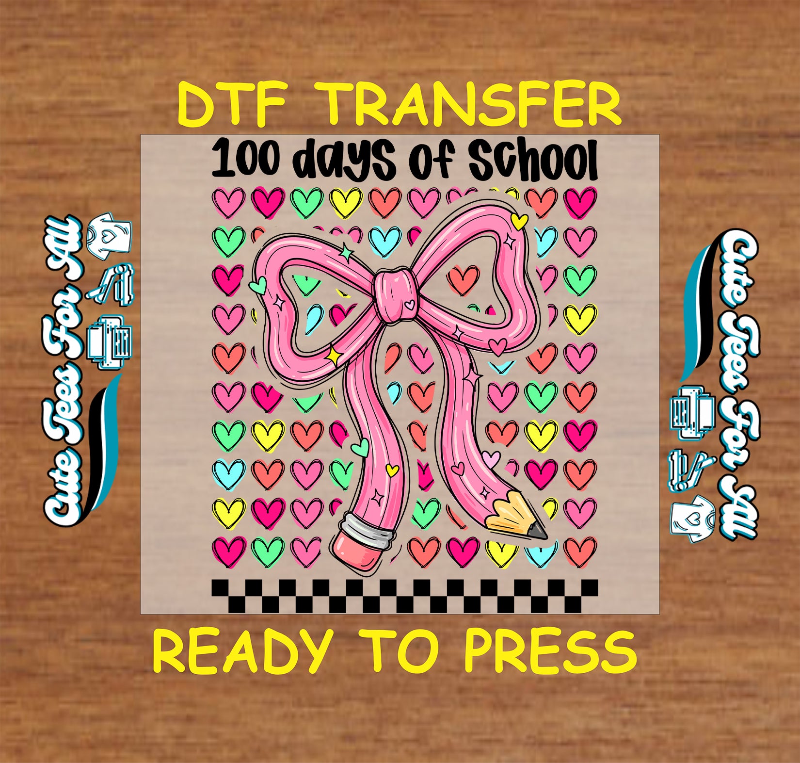 100 days of school pencil bow with colorful hearts, ready to press dtf iron on heat transfer for DIY school shirts