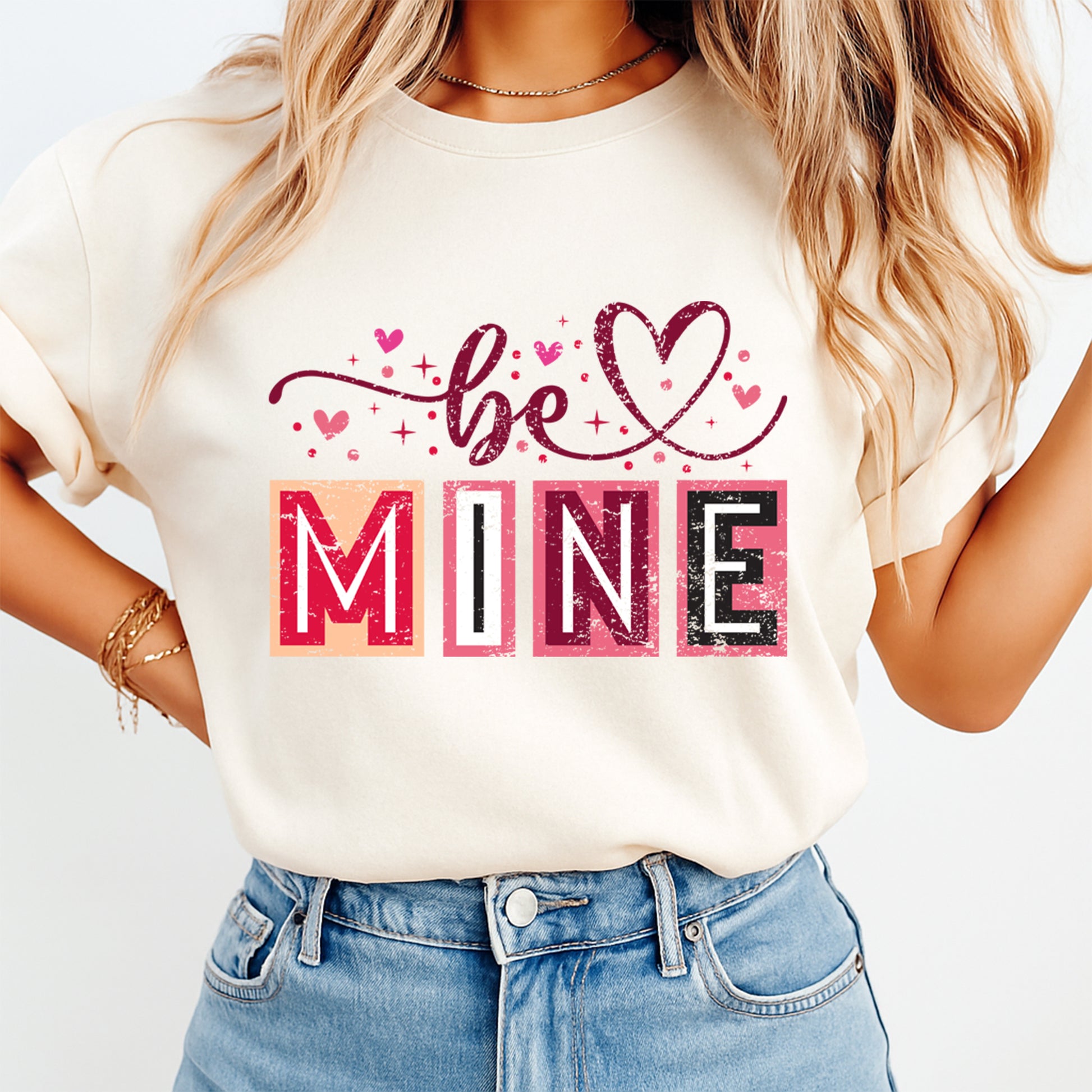 women wearing shirt with be mine heart lettering valentine design