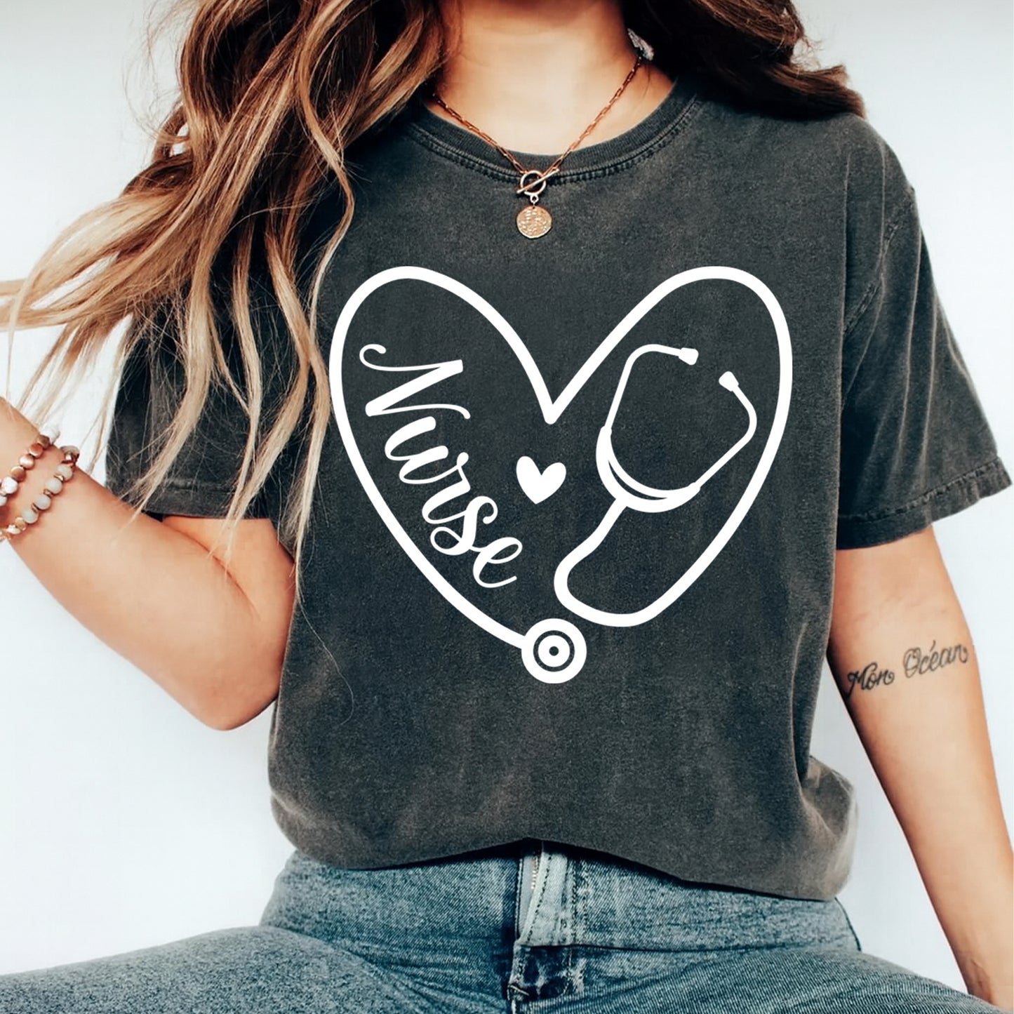 women wearing shirt with nurse heart stethoscope line art 