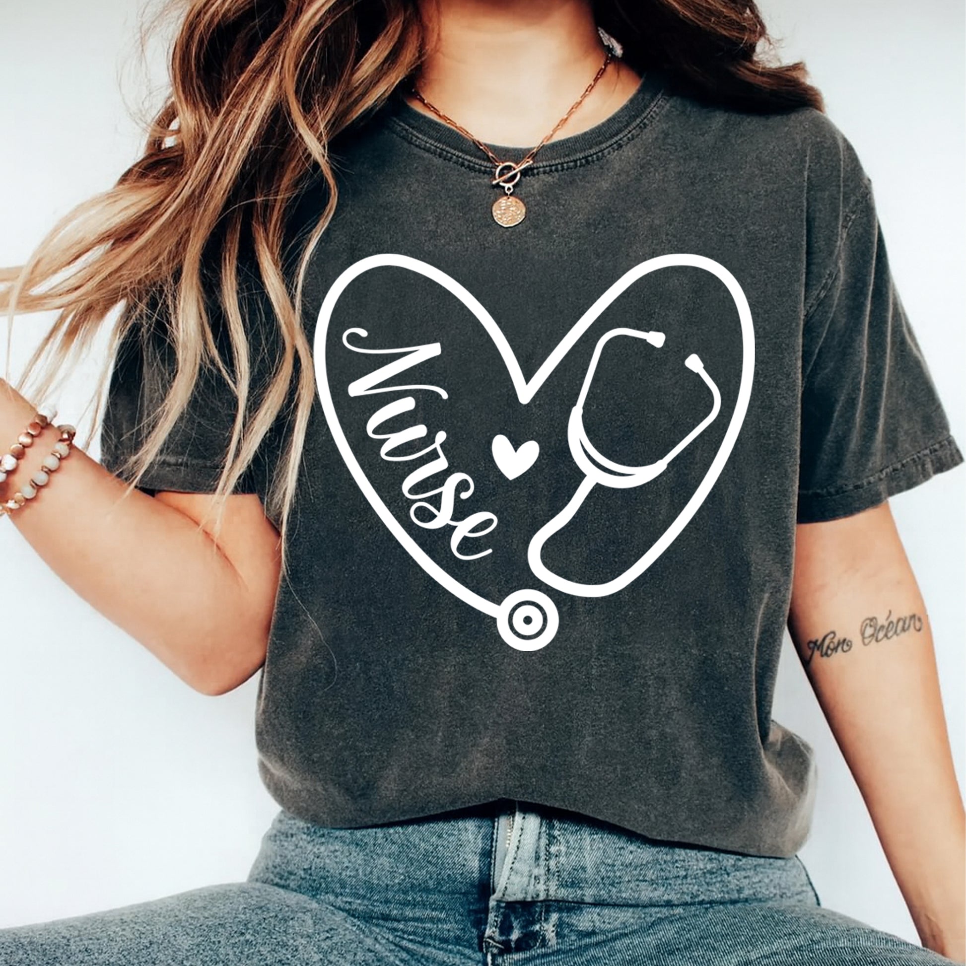 women wearing shirt with nurse heart stethoscope line art 