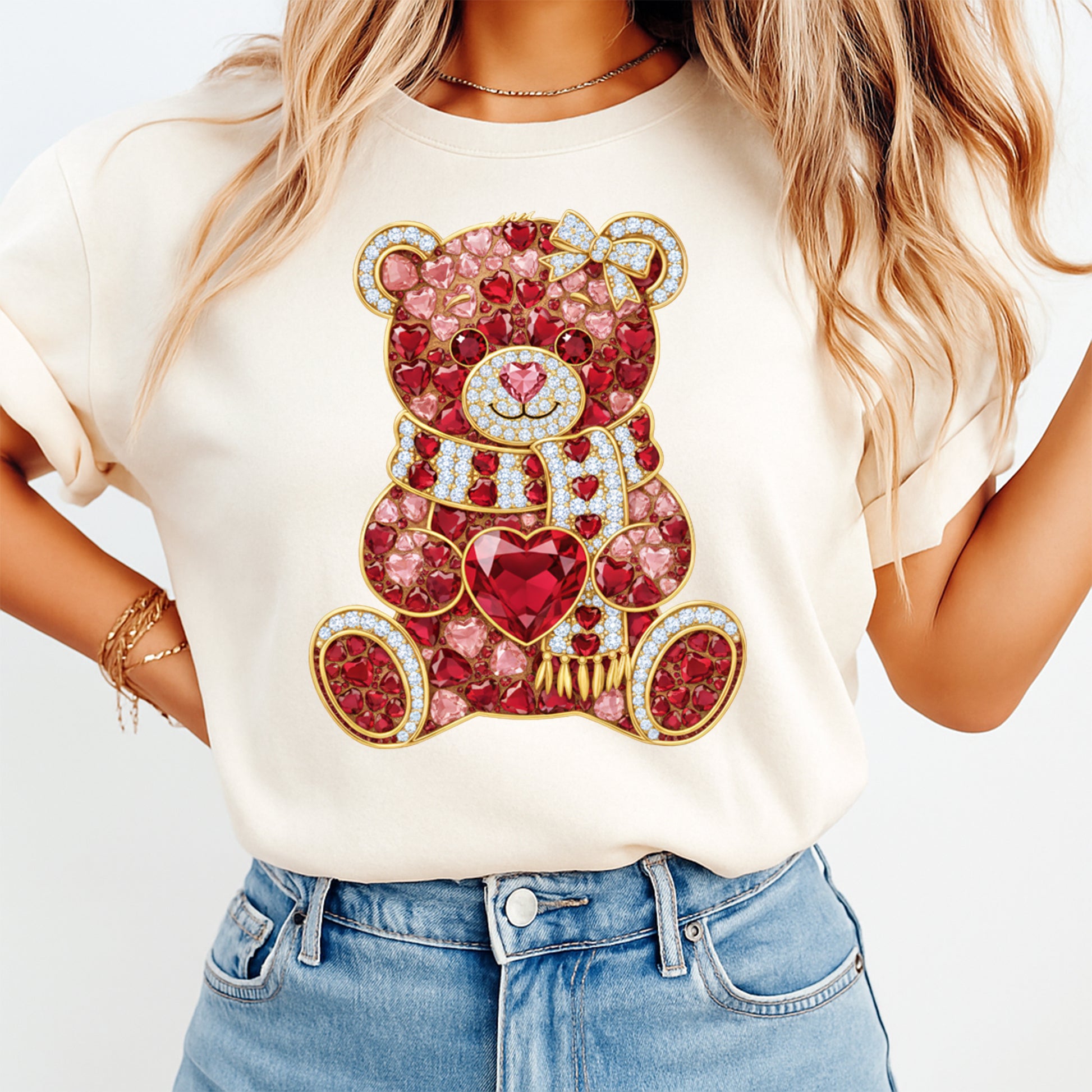 women wearing shirt with heart teddy bear rhinestone style design