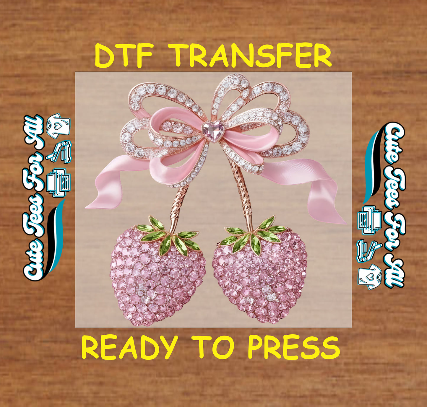 pink strawberry bow rhinestone style ready to press dtf transfer iron on heat transfer for diy valentine shirts