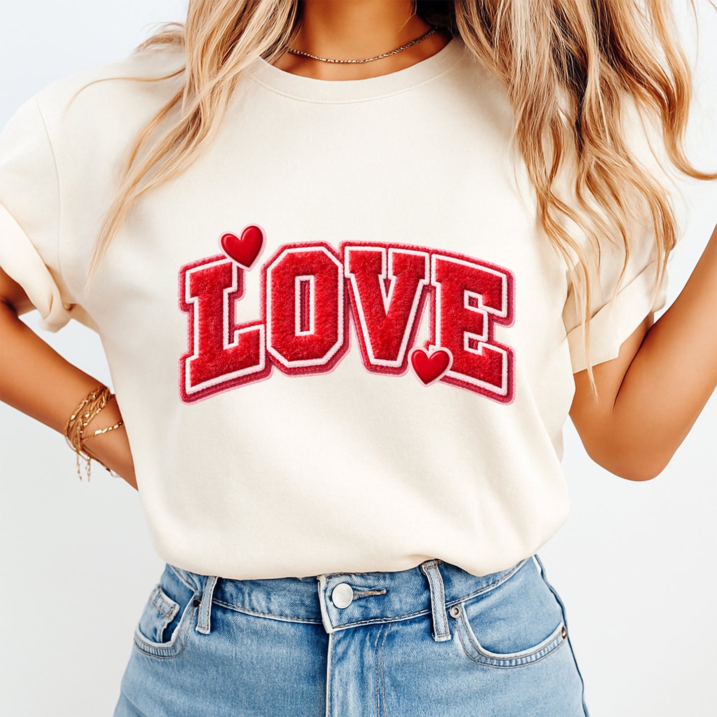 women wearing shirt with varsity love chenille style design