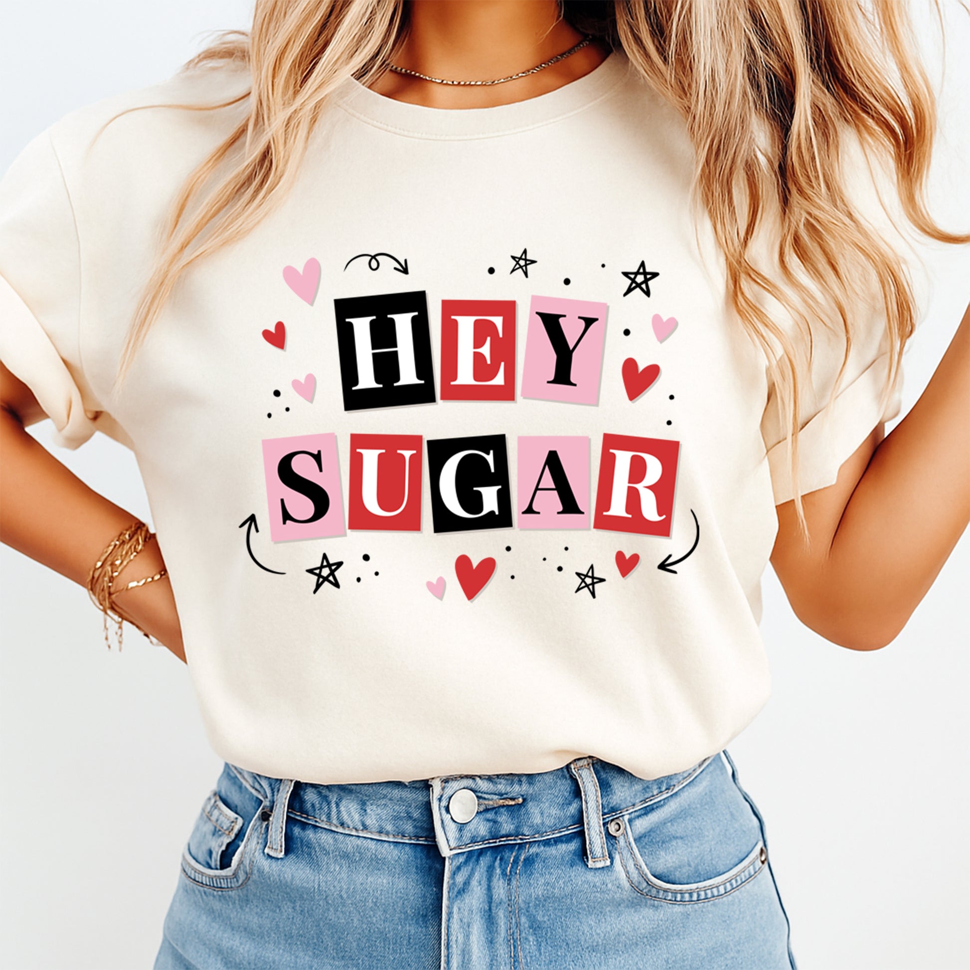 women wearing shirt with hey sugar typography hearts design