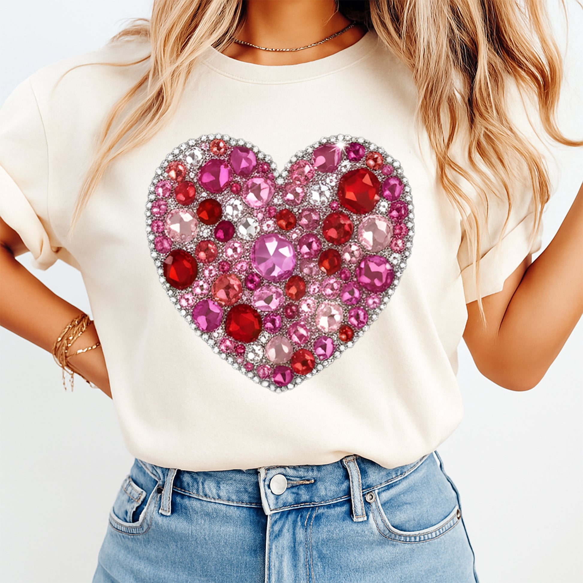 women wearing shirt with pink red gem heart design