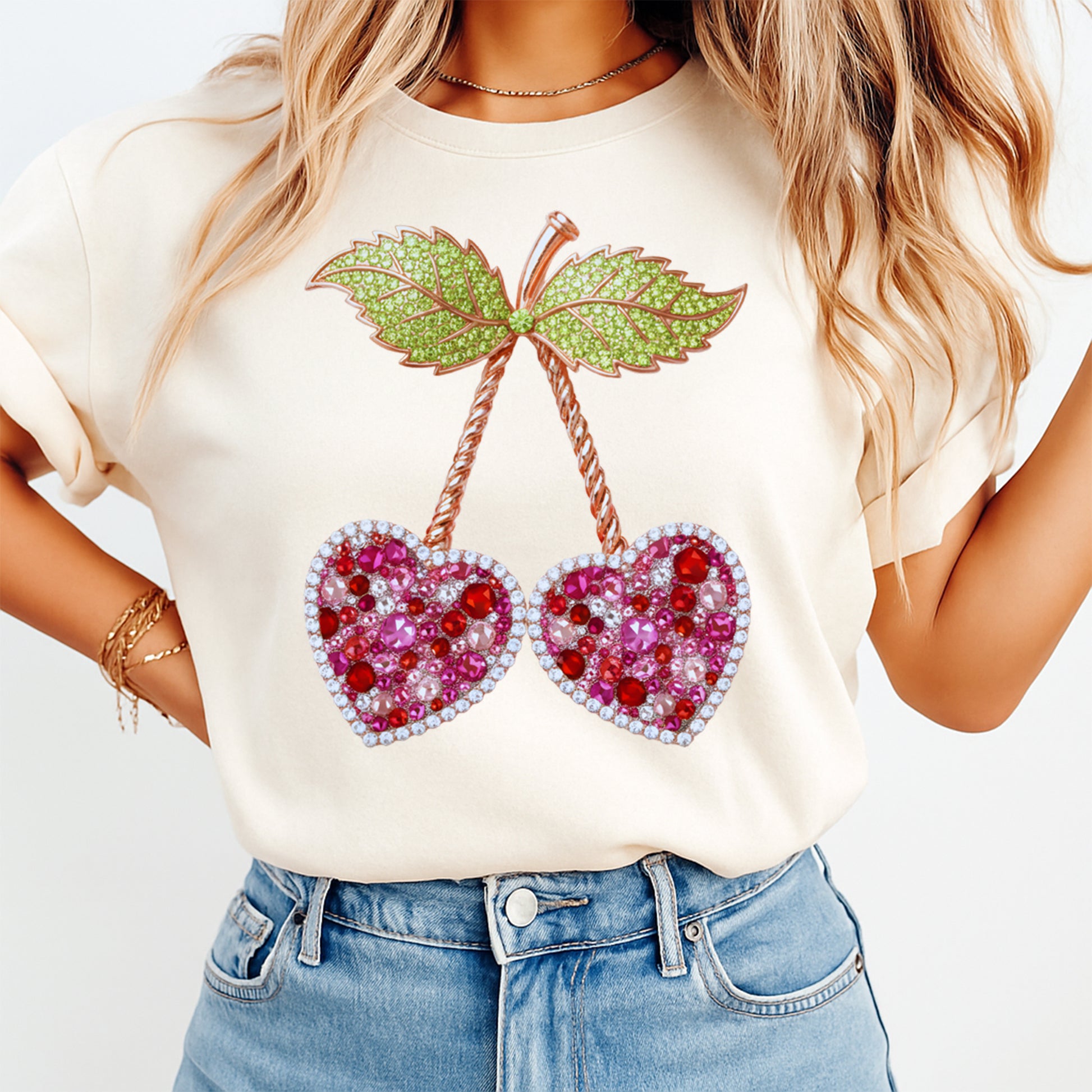 women wearing shirt with double heart cherry rhinestone style design