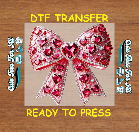 pink valentine heart bow ready to press dtf transfer with rhinestone style hearts layered bow and jewel accents