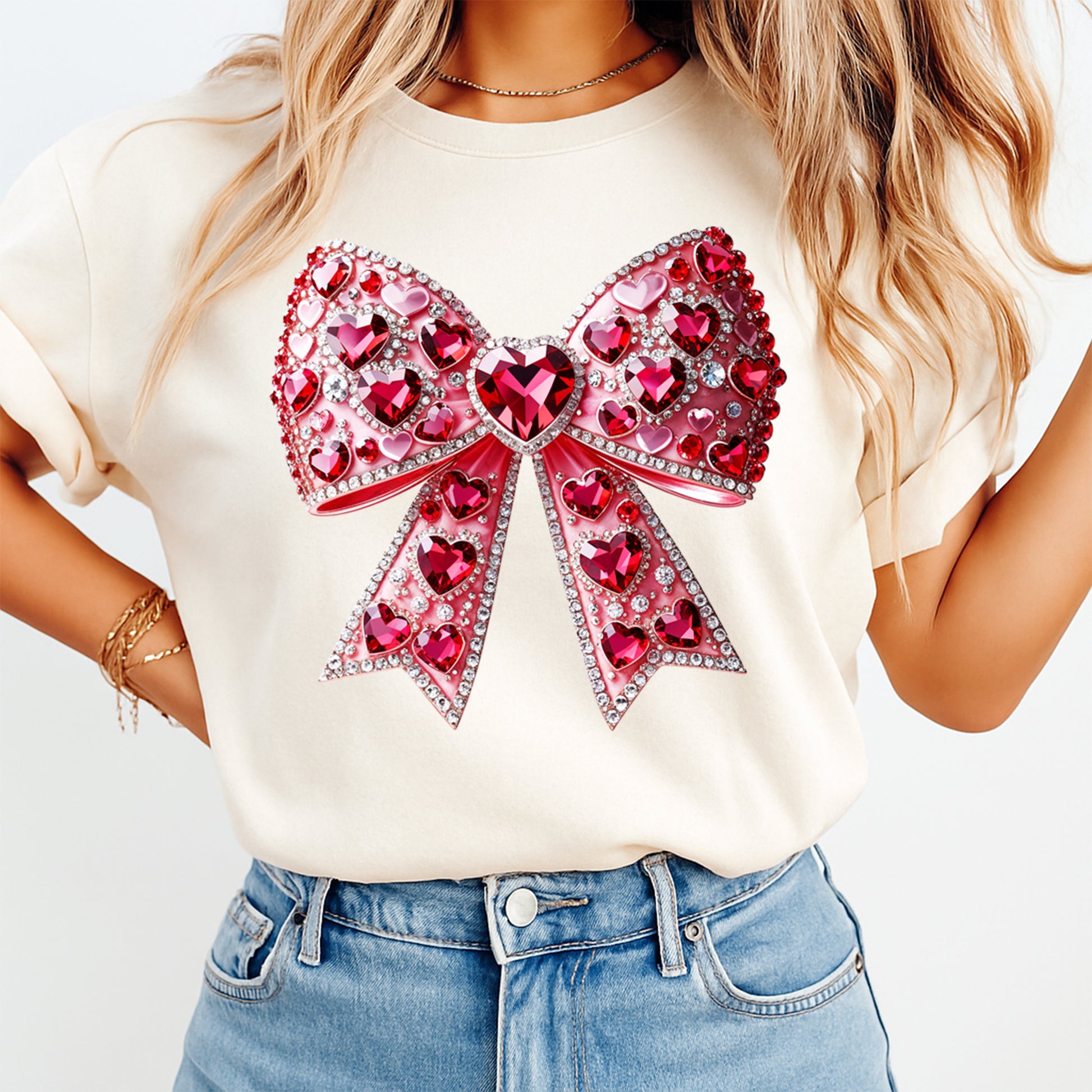 woman wearing cream shirt with valentine heart bow ready to press dtf transfer featuring rhinestone heart details and layered bow shape