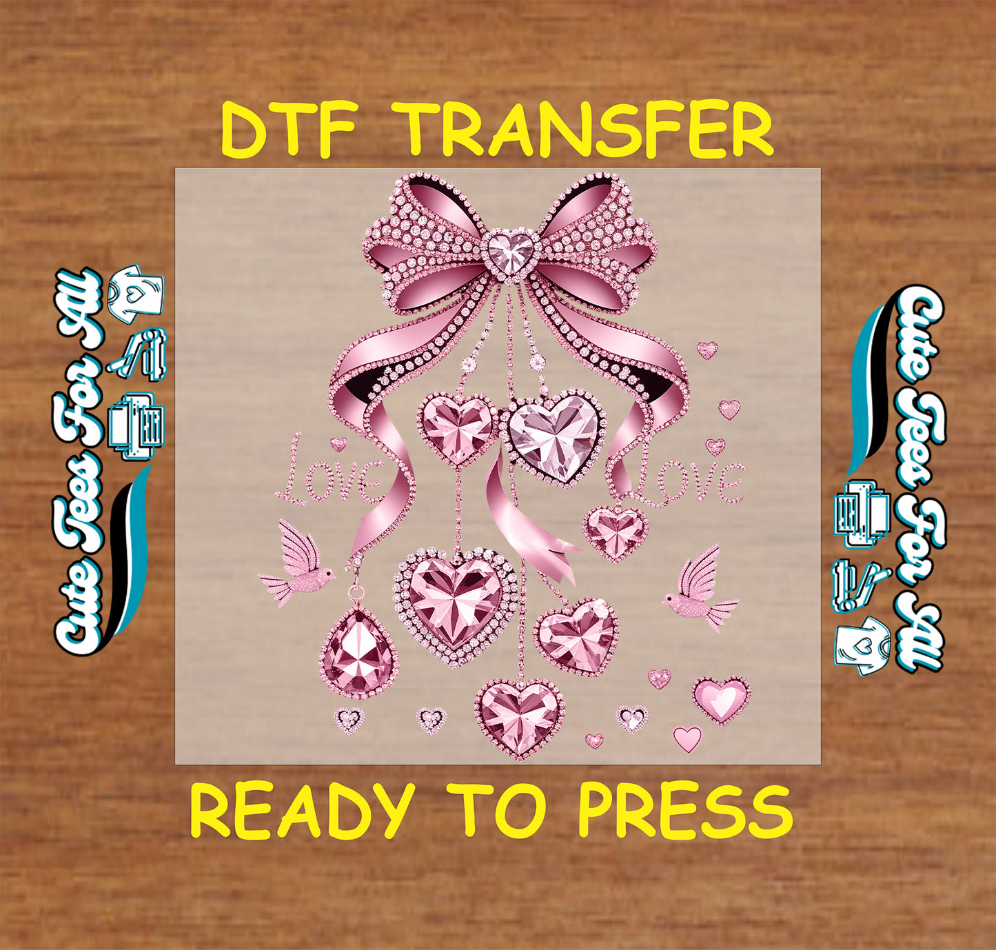 pink valentine bow ready to press dtf transfer with hanging rhinestone style heart charms love text and decorative heart accents