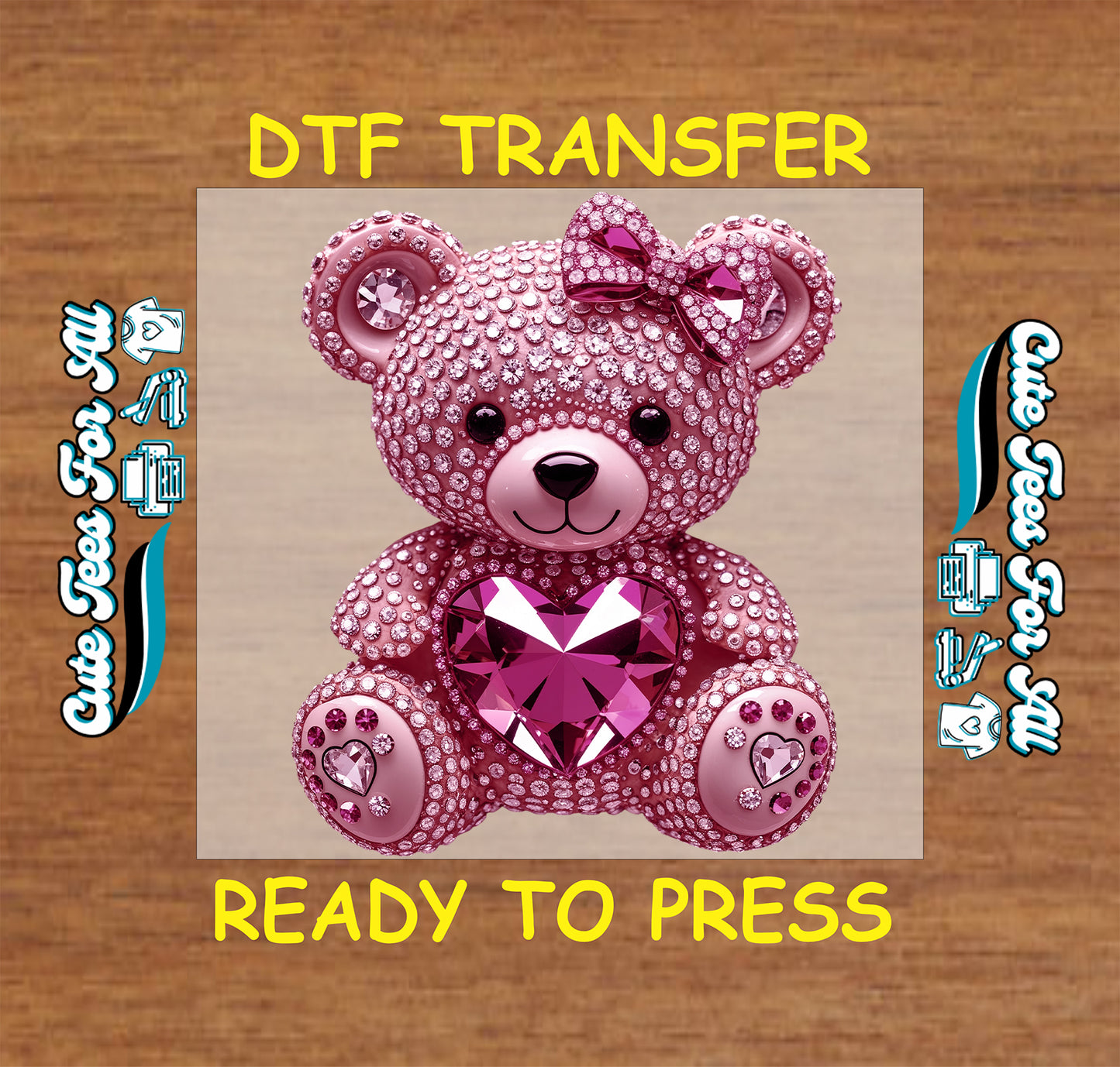 pink valentine teddy bear ready to press dtf transfer with rhinestone style details heart gemstone center and bow accent