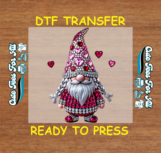 valentine gnome ready to press dtf transfer with rhinestone style heart hat jewel details and decorative heart accents