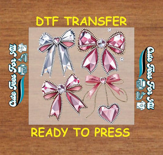 valentine rhinestone bow set ready to press dtf transfer with faceted crystal bows pink silver tones and dangling heart charm